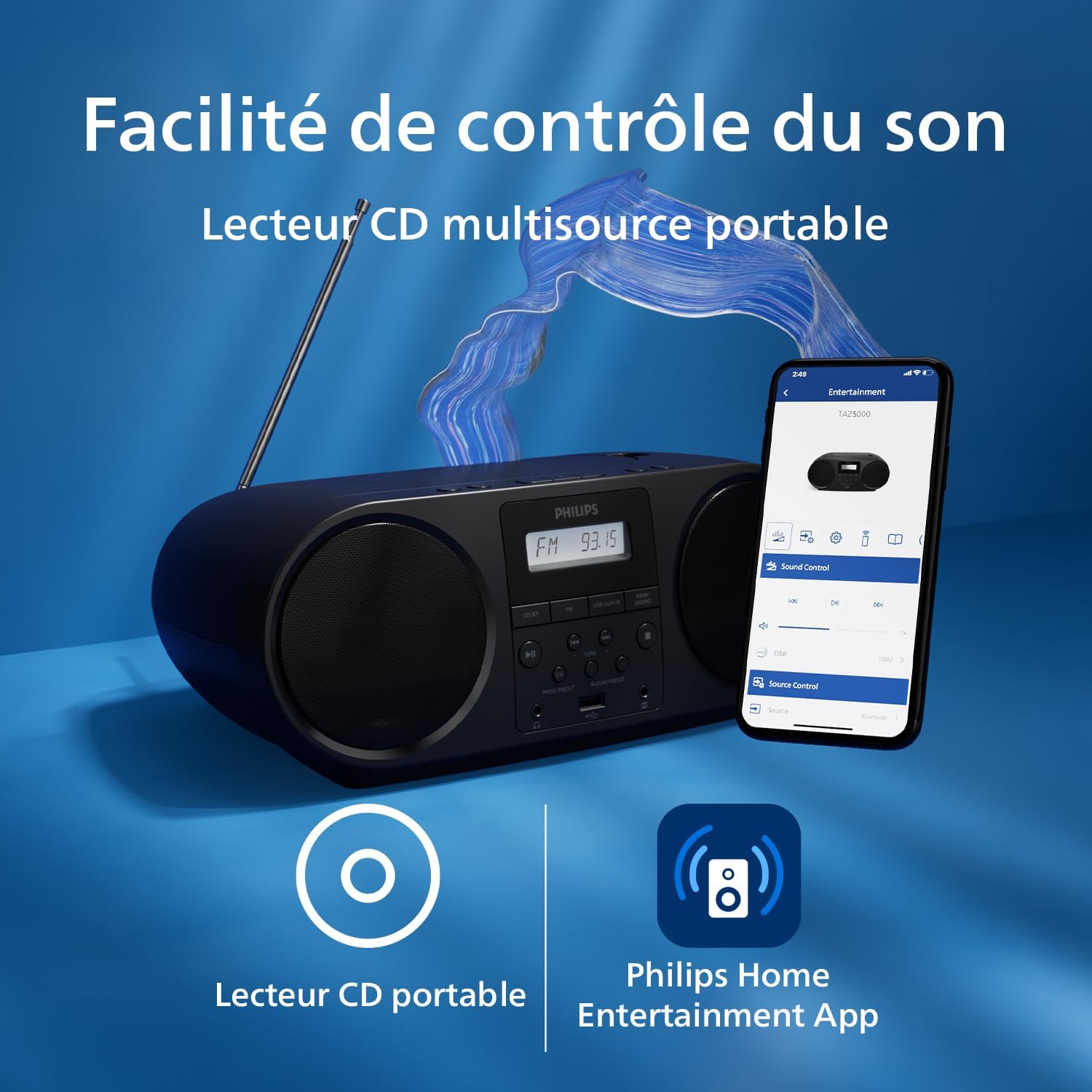 Thumbnail 2 de Philips TAZ5000 – Lecteur CD/Radio FM tout-en-un avec Bluetooth 5.4 et amplification des basses