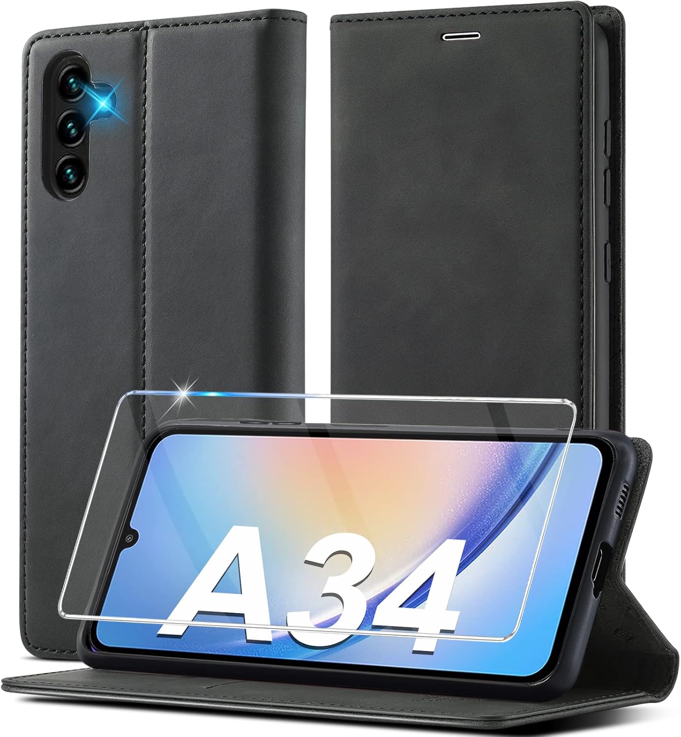 Detalle de Ailicici Lederhülle für Samsung Galaxy A34 5G – Klapphülle mit Schutzfolie, Kartenfächern & Magnetverschluss