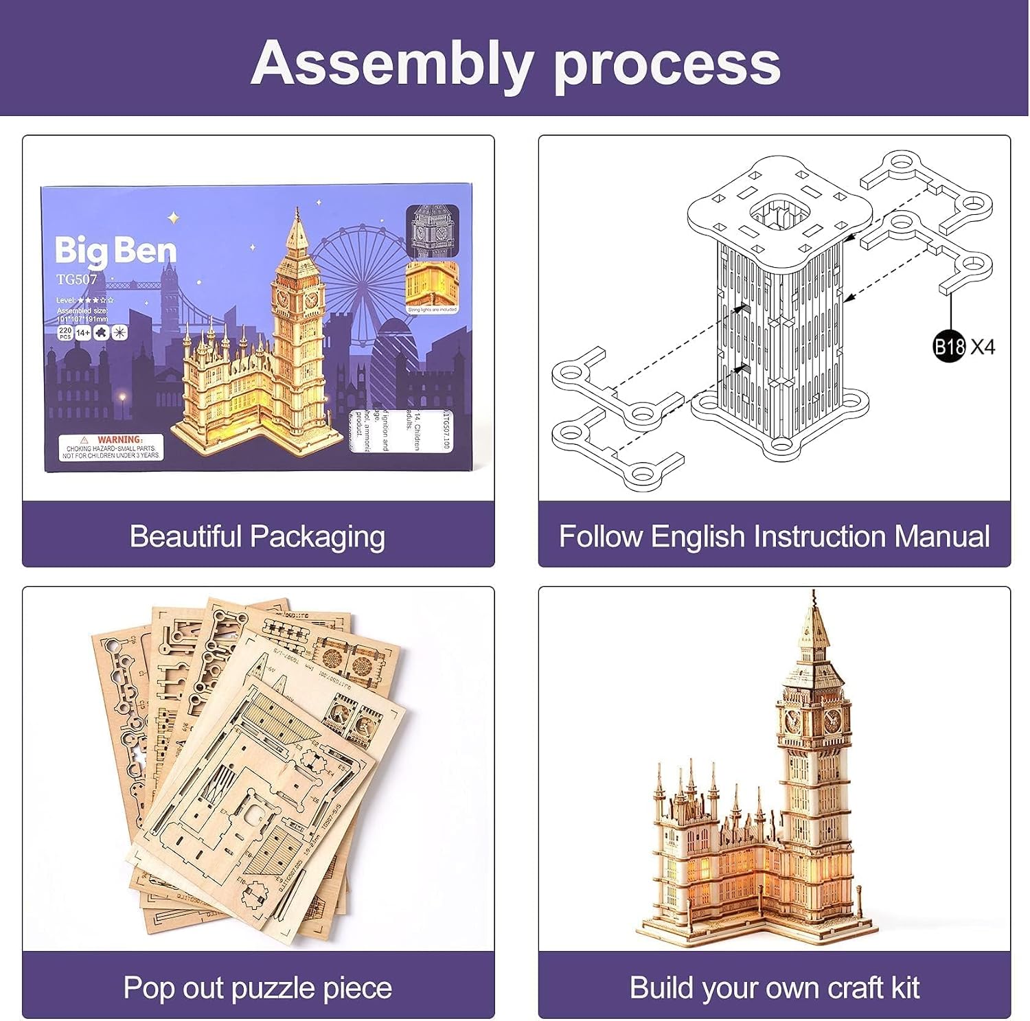 Detalle de RoWood 3D Holzpuzzle Big Ben Modellbausatz mit LED – DIY Bastelset für Erwachsene
