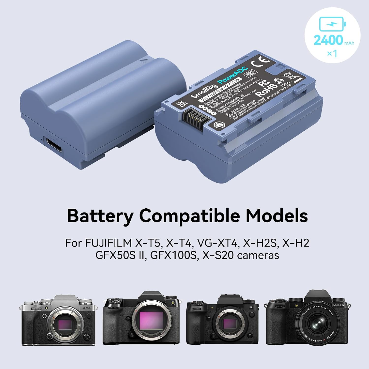 Detalle de SMALLRIG 2400 mAh Akku für Fujifilm NP-W235 (USB‑C, 2,5 h Schnellladung) – passend u. a. für X‑T5/X‑T4/X‑H2S/X‑H2/GFX 100S