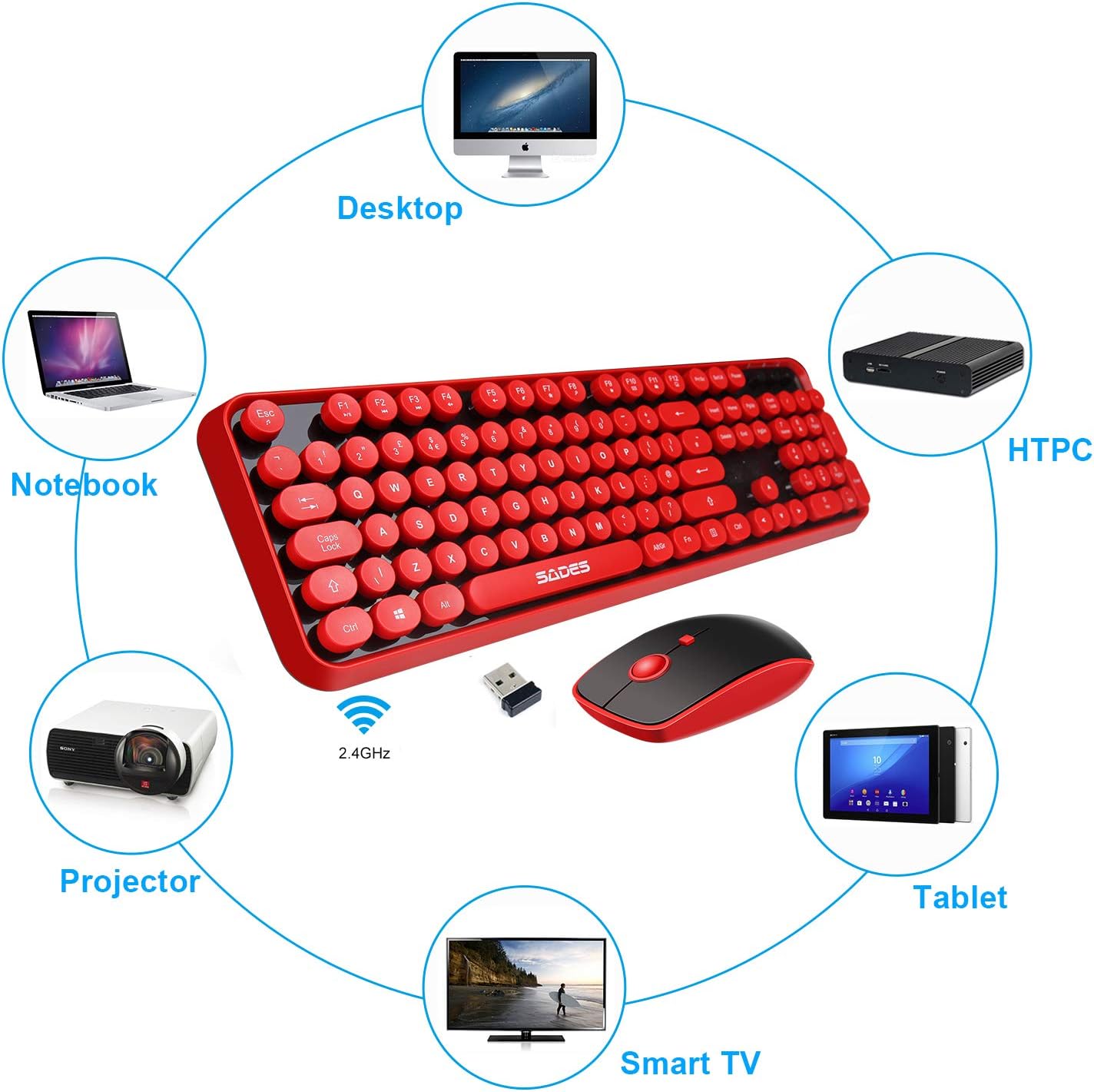 Thumbnail 3 de Red Wireless Keyboard and Mouse Combo: Retro Typewriter Style with Bubble Keycaps
