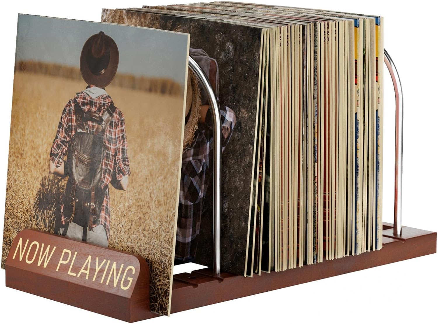 Detalle de BS-VOG Now Playing Vinyl Record Stand (50 LP) – wood spinning record holder with non-slip grooves