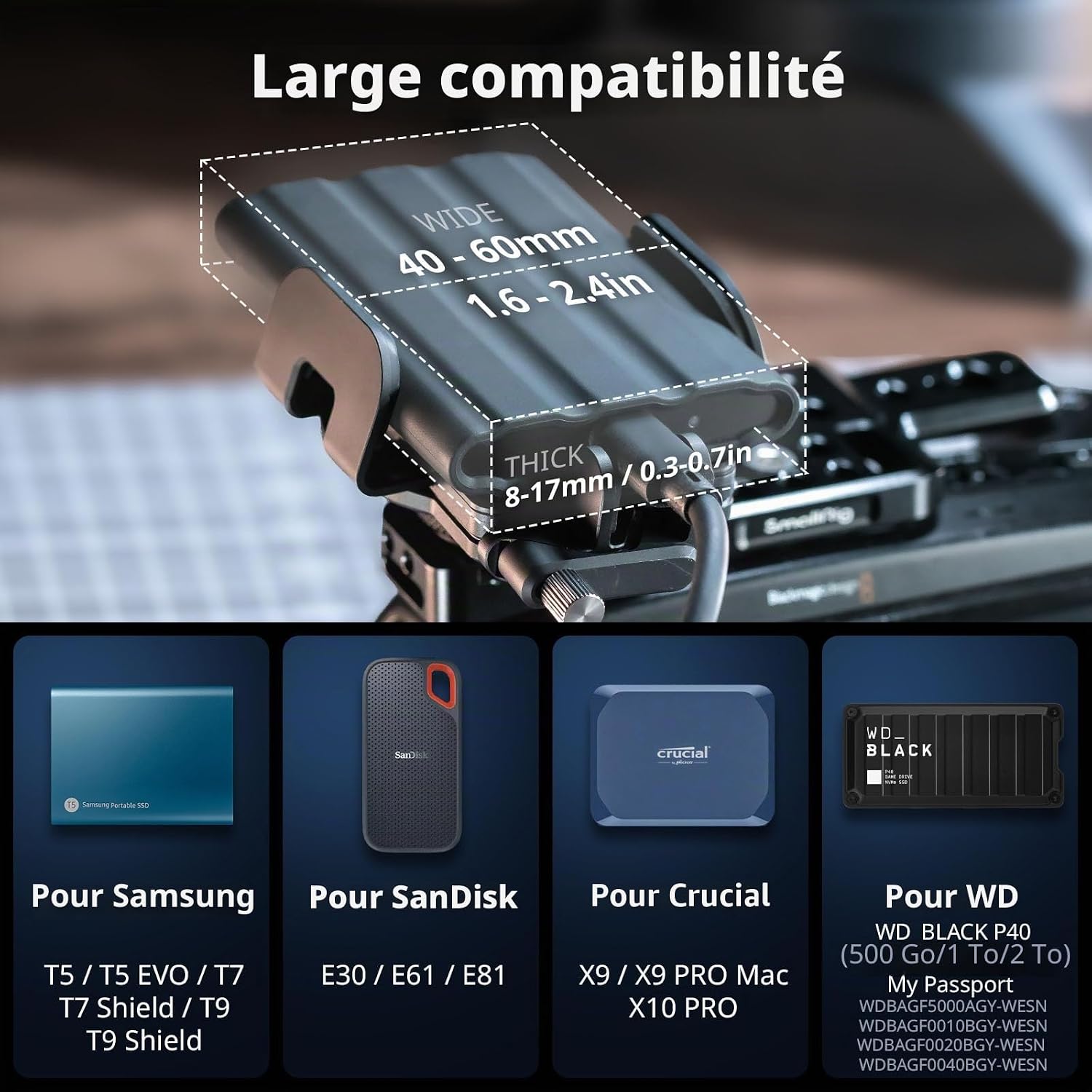 Detalle de SMALLRIG Support universel SSD avec serre-câble pour griffe de flash (largeur de serrage 40 à 60 mm)