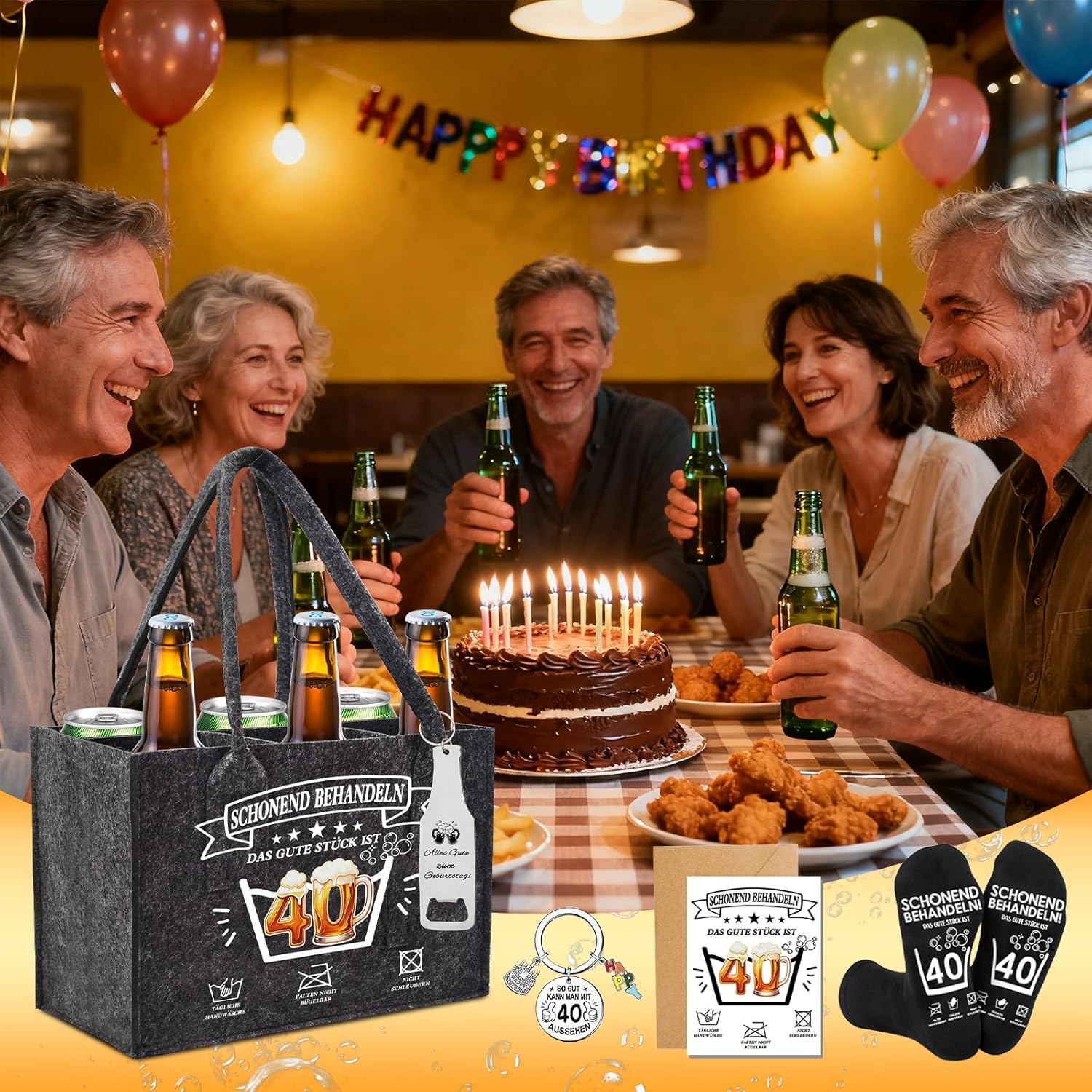 Thumbnail 4 de Wryzorix Männerhandtasche Bier Geschenkset zum 40. Geburtstag – mit Socken, Flaschenöffner, Schlüsselanhänger & Karte