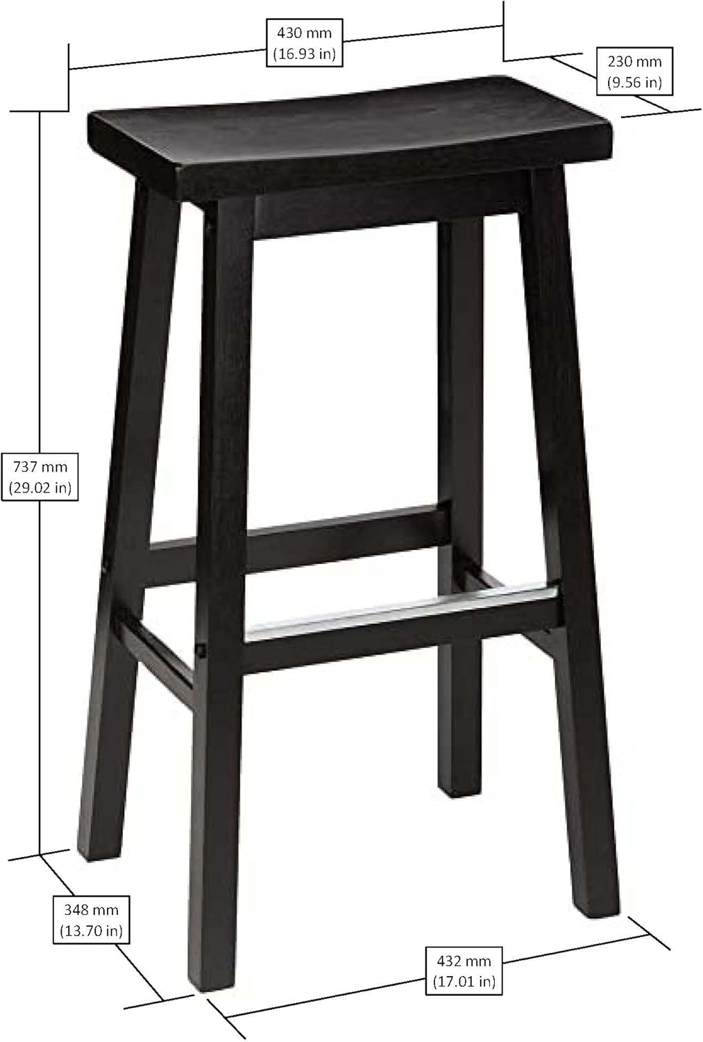 Detalle de Amazon Basics Küchenhocker aus Massivholz – 2er-Set, 74 cm, Schwarz, Sattelsitz