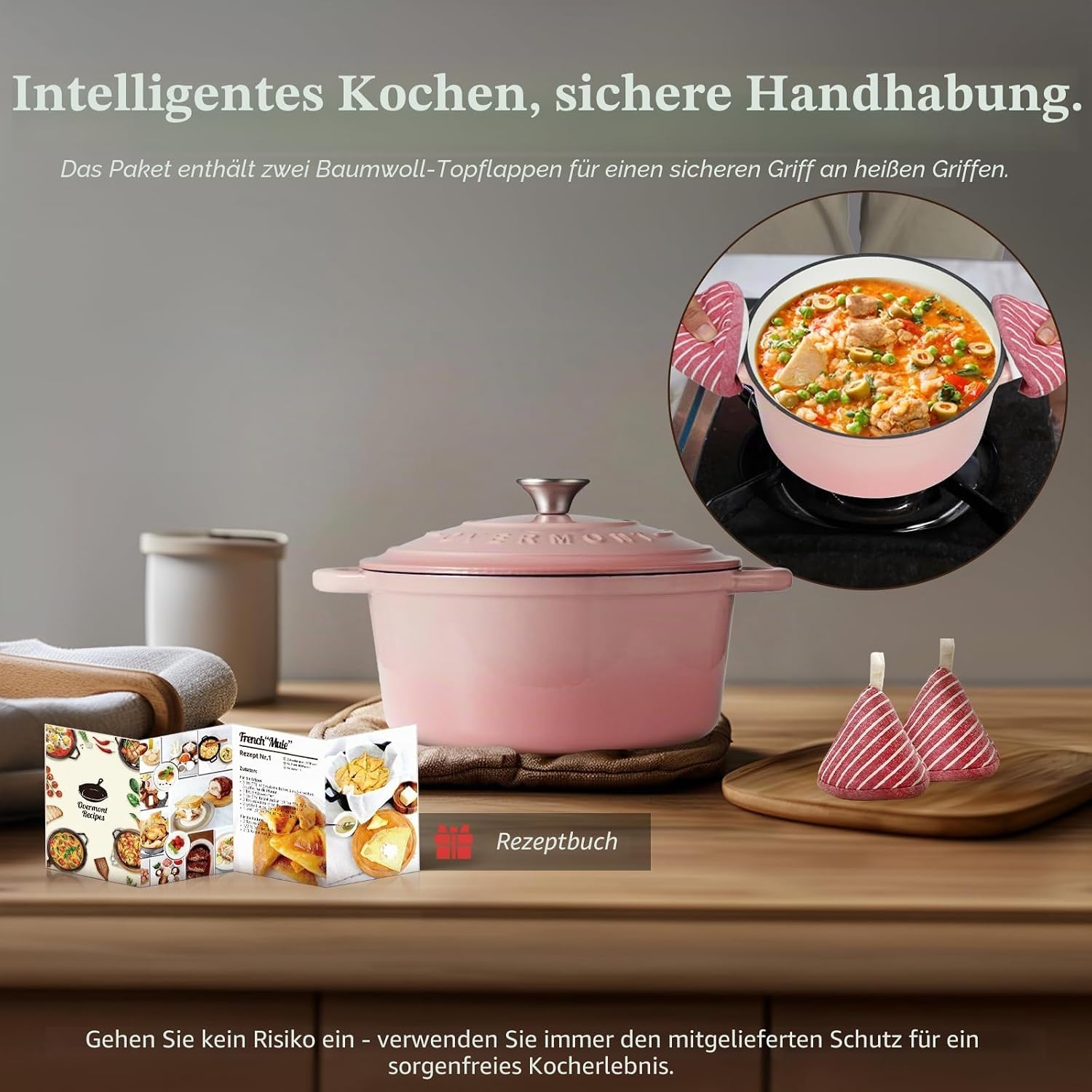 Detalle 2 de Overmont Bräter emaillierte Gusseisen Topf Ø 24 cm mit Deckel – Schmortopf, backofengeeignet