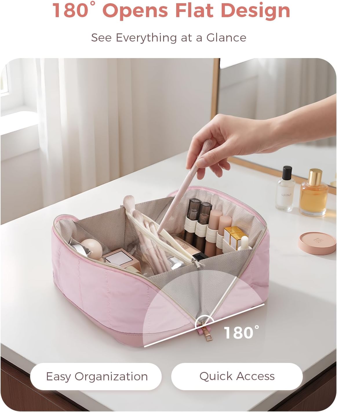 Detalle de Travel Makeup Bag Large Quilted Cosmetic Organizer with Brush Compartments & Handle (Pink) – Wide-Open Toiletry Bag