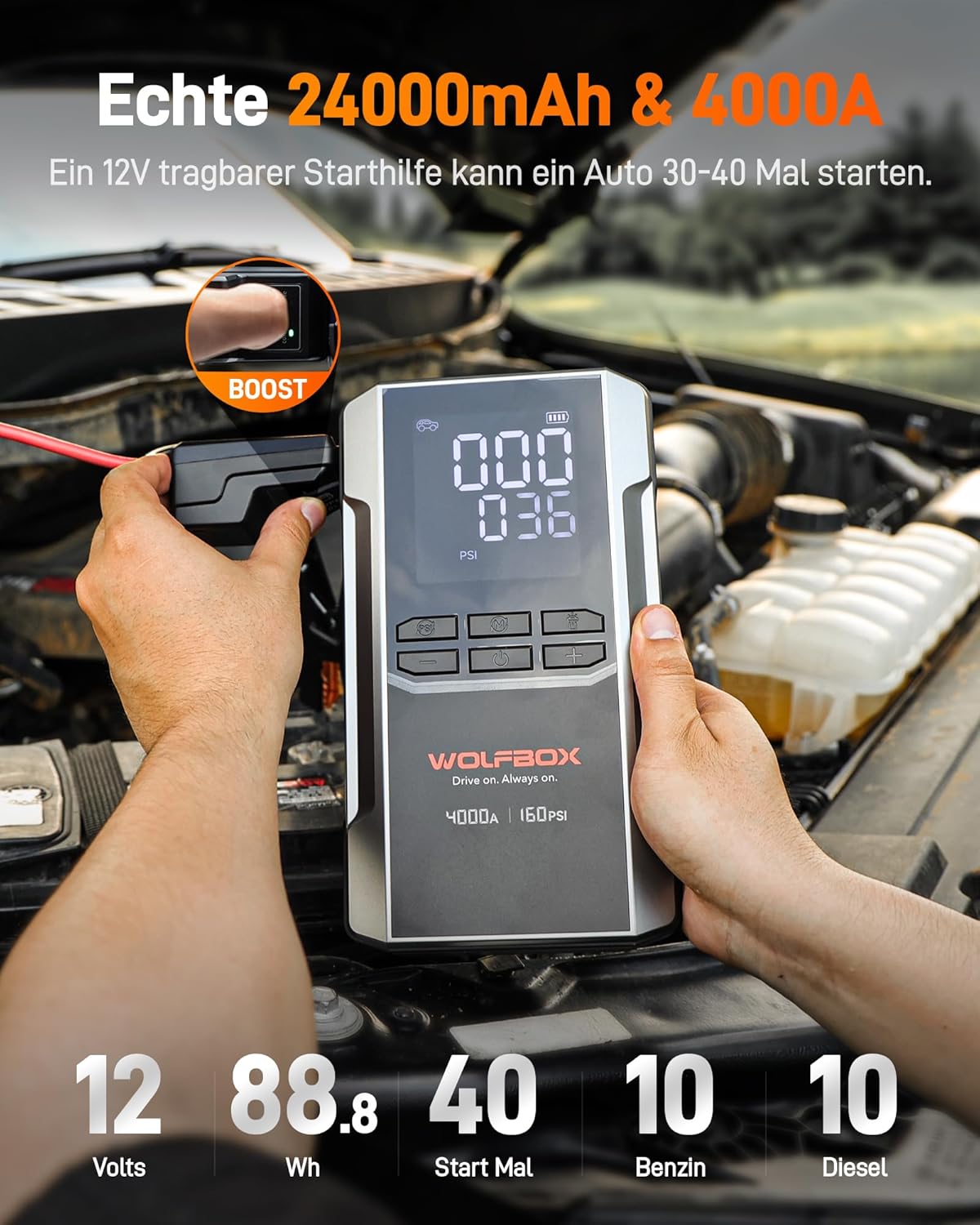 Thumbnail 2 de WOLFBOX 4000A Starthilfe 88,8Wh mit Kompressor