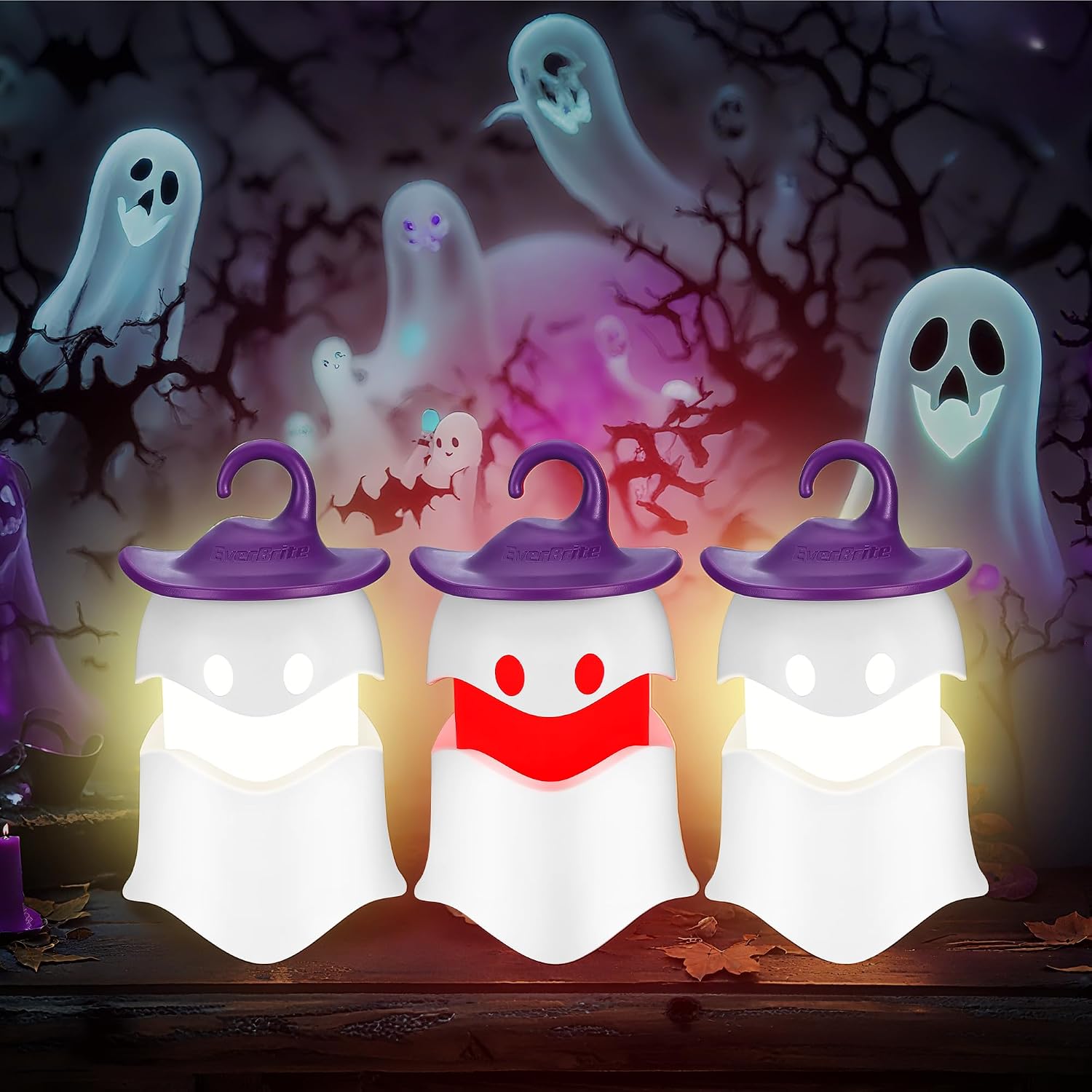 Detalle de EverBrite E041044 Halloween-lantaarns met spookjes, led en kleurverandering, set van 3