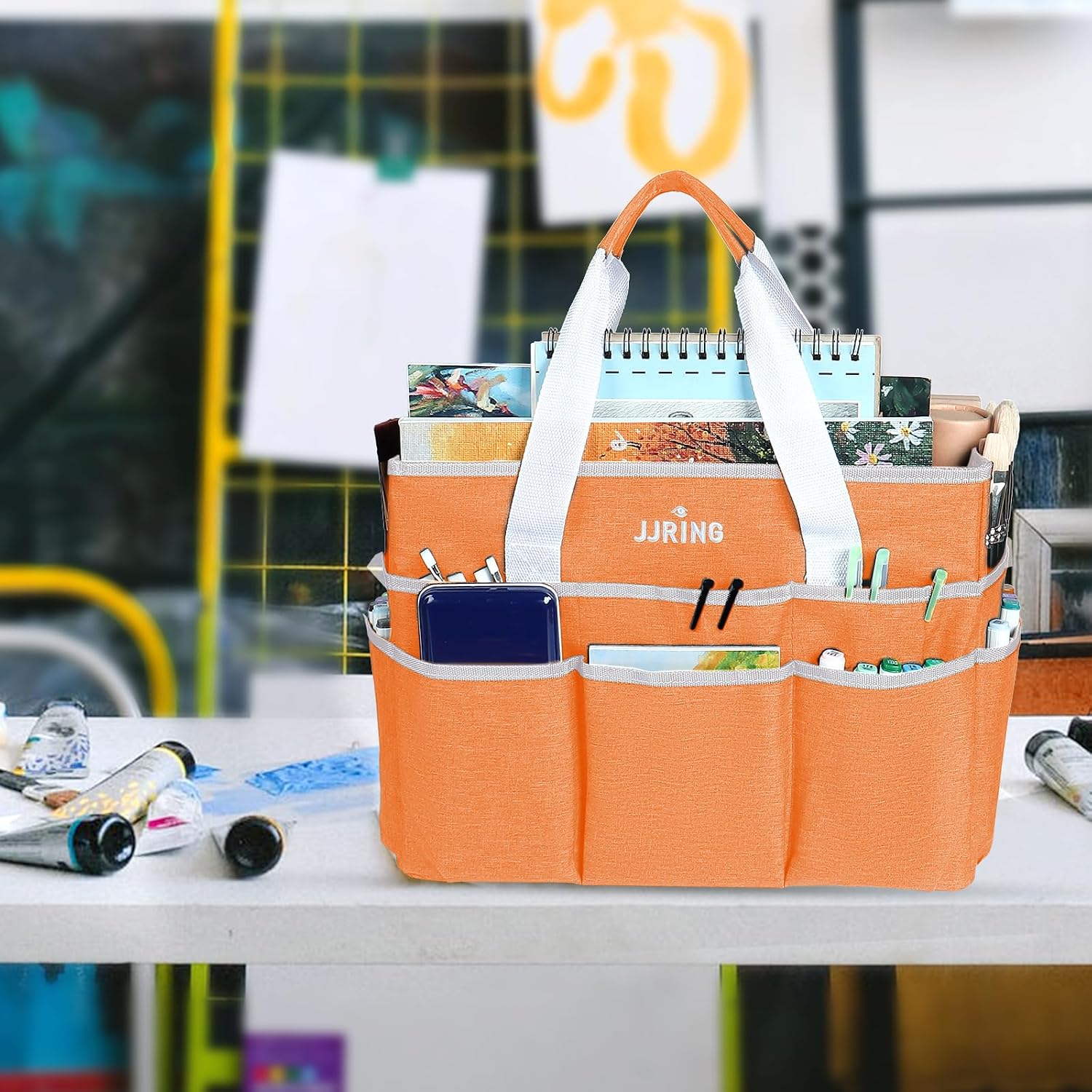 Thumbnail 1 de JJRING Craft Organizer Tote Bag (Large) with 16 Pockets for Art, Sewing, School, and Office Supplies