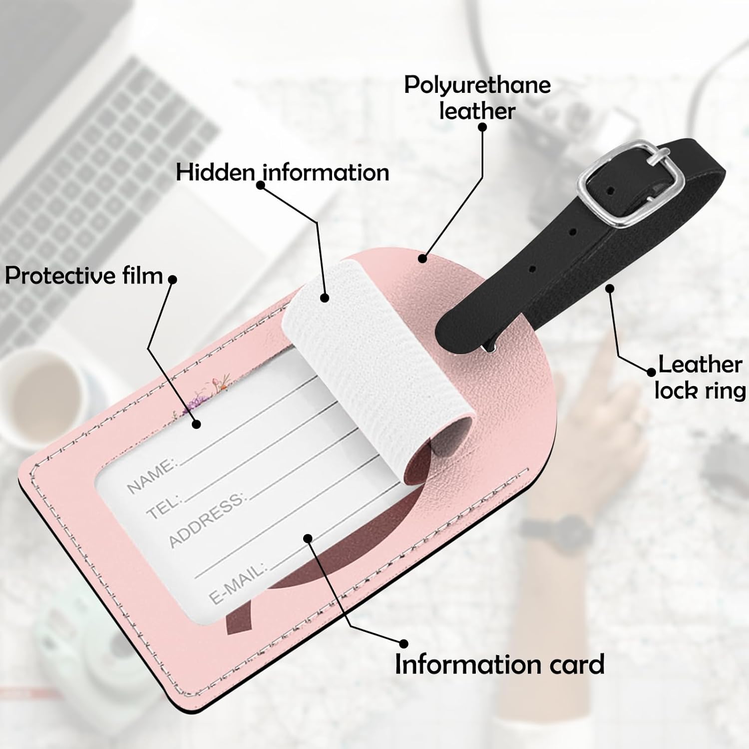 Thumbnail 2 de Deokke 2 Pack Initial Letter Luggage Tag with Monogram PU Leather – Pink (Q)