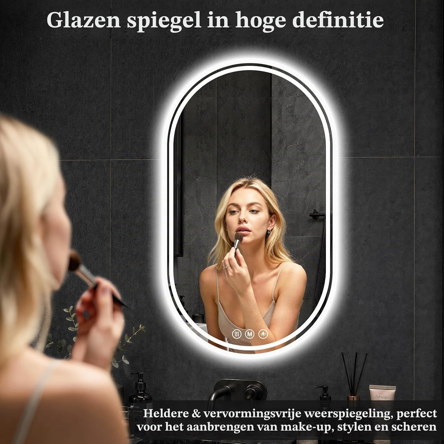 Detalle de XRAMFY LED-badkamerspiegel 70 × 40 cm, ovaal en dimbaar met anticondensfunctie