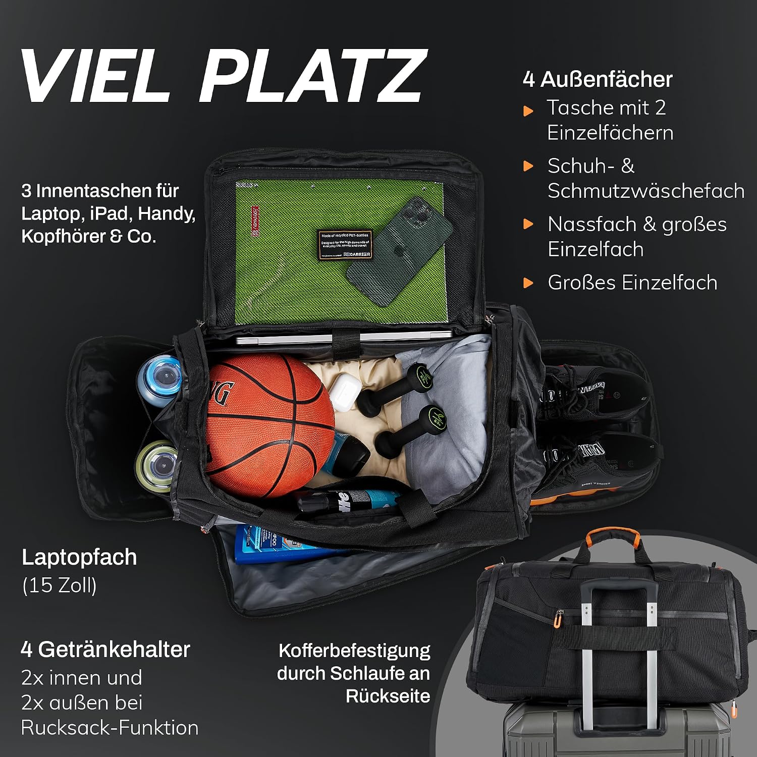 Detalle de RECARRIER Sporttasche 50L – Wasserdichte Gym Bag aus recyceltem PET mit Schuhfach