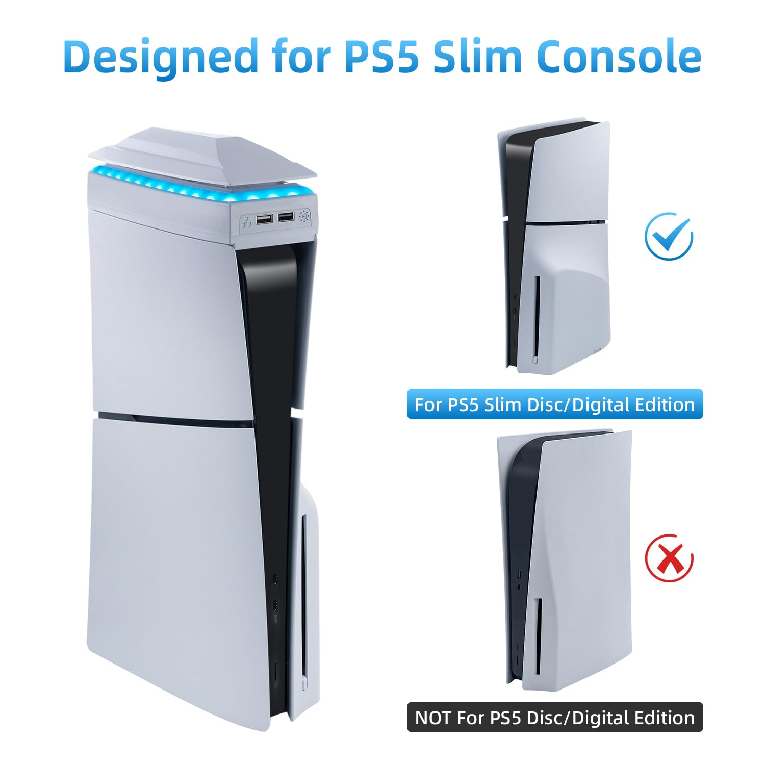 Detalle de Mcbazel Kühler für PS5 Slim (Disk/Digital) mit 3-stufiger RGB-Beleuchtung, oberem Kühlventilator und 2× USB 2.0 – Weiß