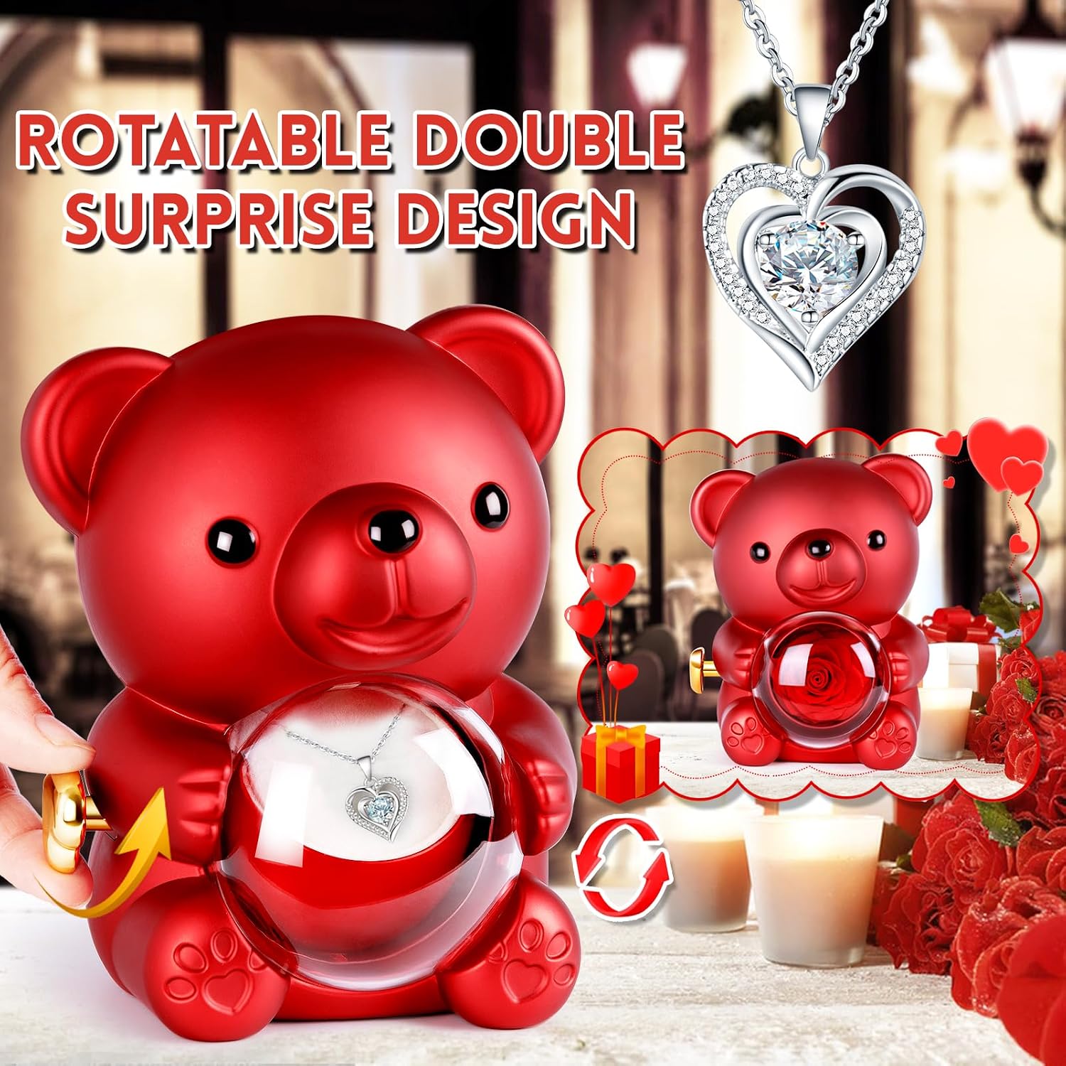 Detalle de Aloskart Ours Rose Éternelle — Boîte à Bijoux Cachée avec Collier Intégré