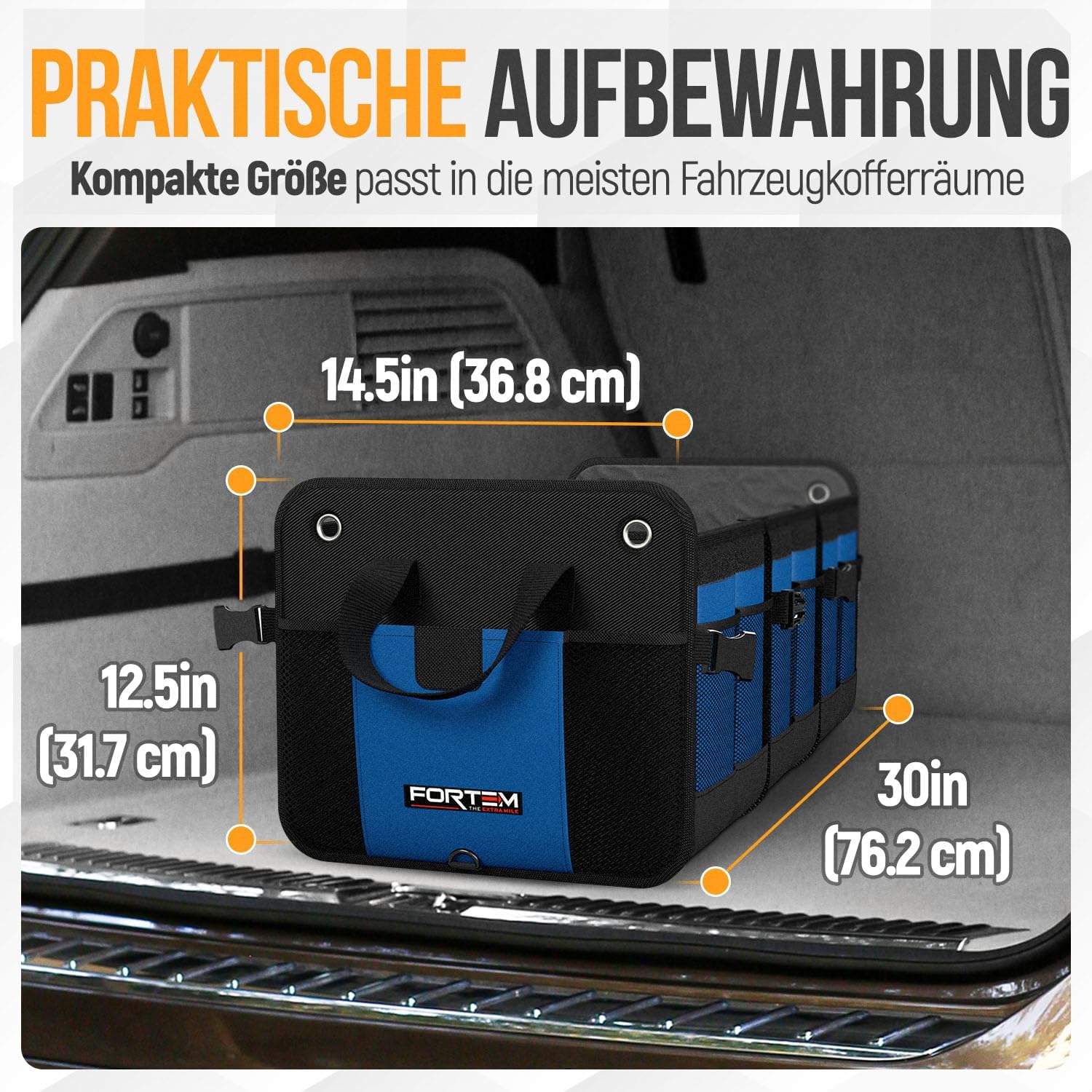 Detalle de FORTEM Kofferraum Organizer (blau, extragroß) – zusammenklappbare Kofferraumtasche mit Fächern