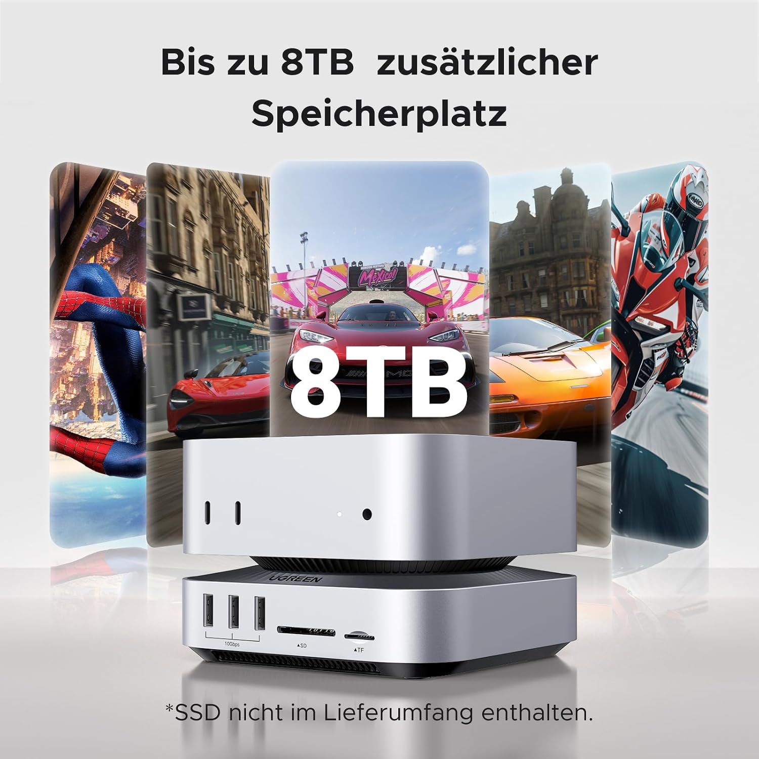 Detalle de UGREEN Mac mini M4 Dock: SSD-Erweiterung, 40Gbps NVMe, 5× 10Gbps Ports und 8K/4K-Display