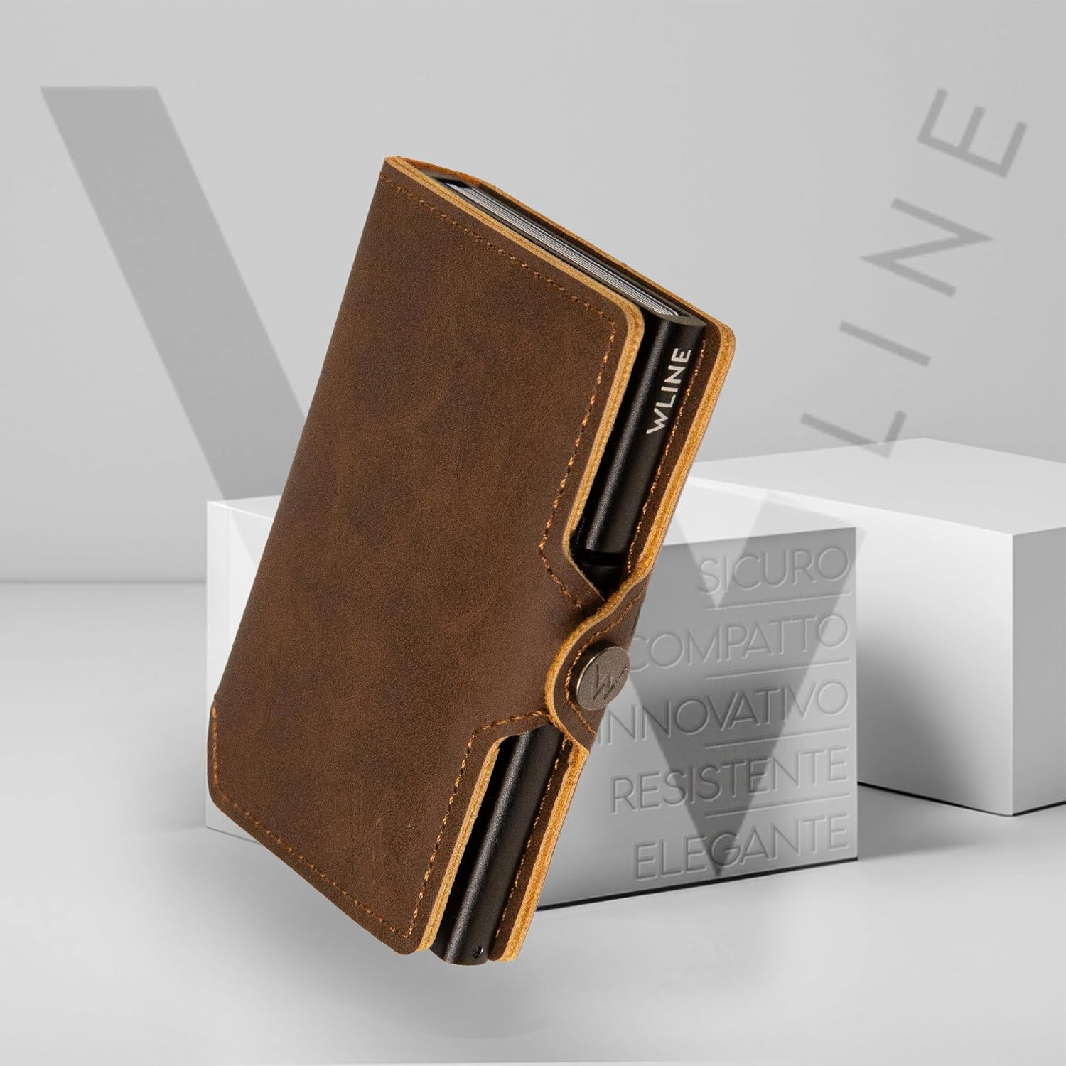 Detalle de WLine Porta Carte di Credito Slim RFID in Pelle PU – Portafoglio Uomo/Donna con Case in Alluminio e Chiusura a Bottone