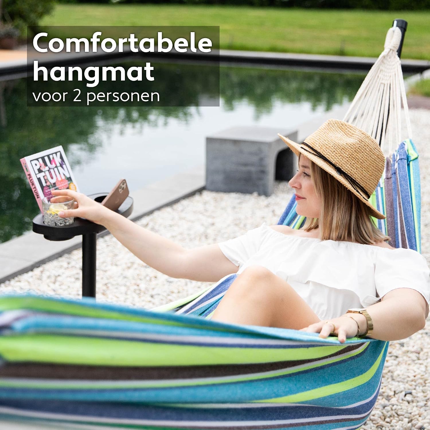 Detalle de VITA5 5356764 hangmat met standaard, verstelbaar frame en katoenen mix