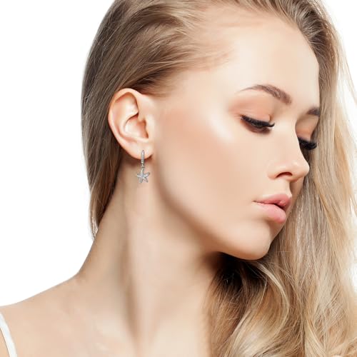 Detalle de Aliyoham Silver-Plated Starfish Hoop Earrings with Cubic Zirconia