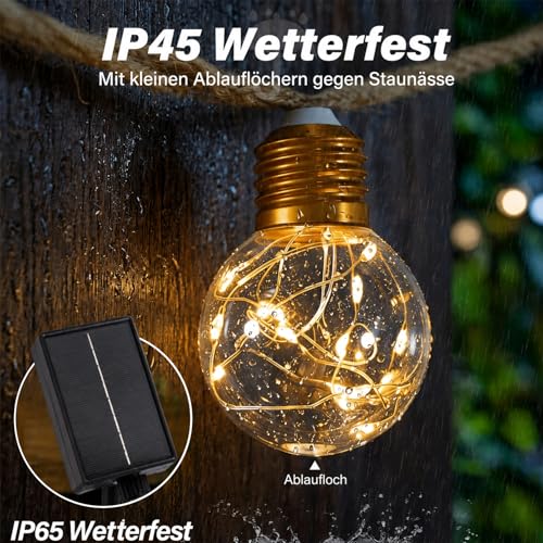 Detalle 2 de Cnulenzt Solar Lichterkette Outdoor 20 Glühbirnen, 10 m, Hanfseil – dimmbar, Memory-Funktion, USB & Solar