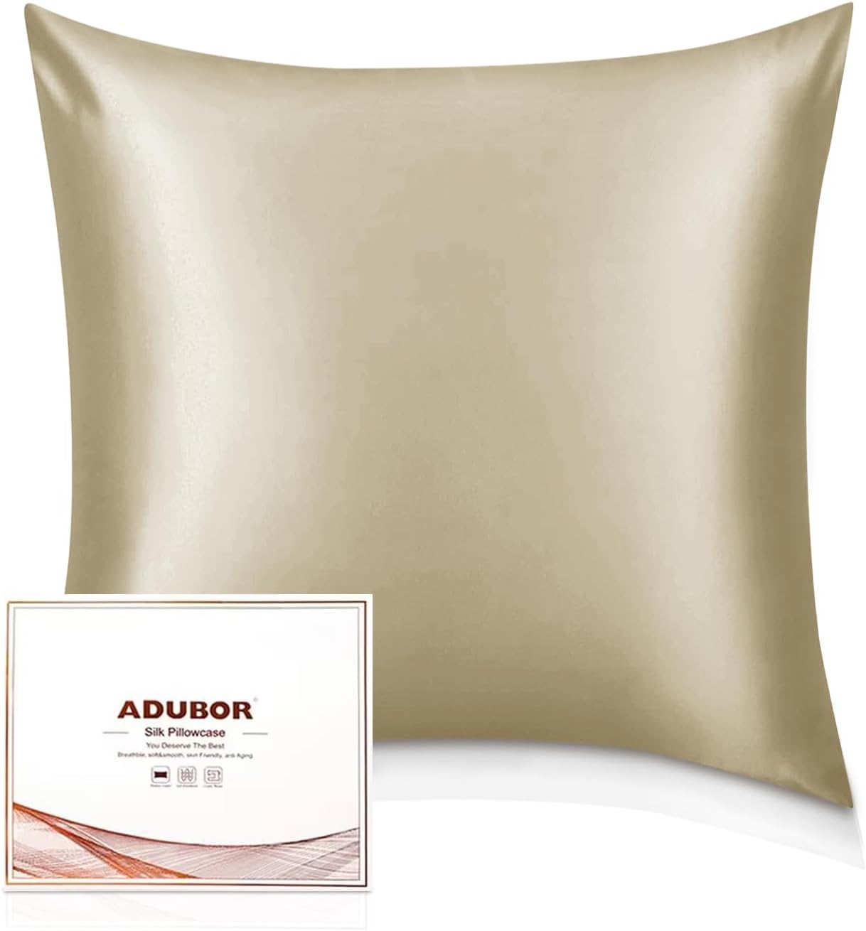 Detalle de Adubor 100% Seidenkissenbezug 80x80 cm (23 Momme, beidseitig, verdeckter Reißverschluss) – Taupe, 1 Stück