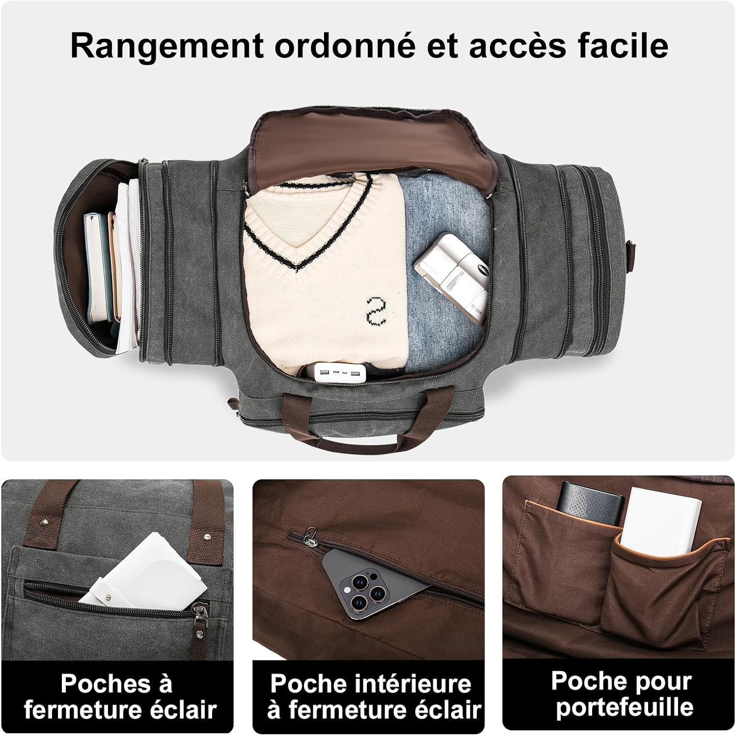 Detalle de EKOROMIER Grand sac de voyage en toile extensible 70L (week-end) pour homme – 62 x 29 x 33 cm
