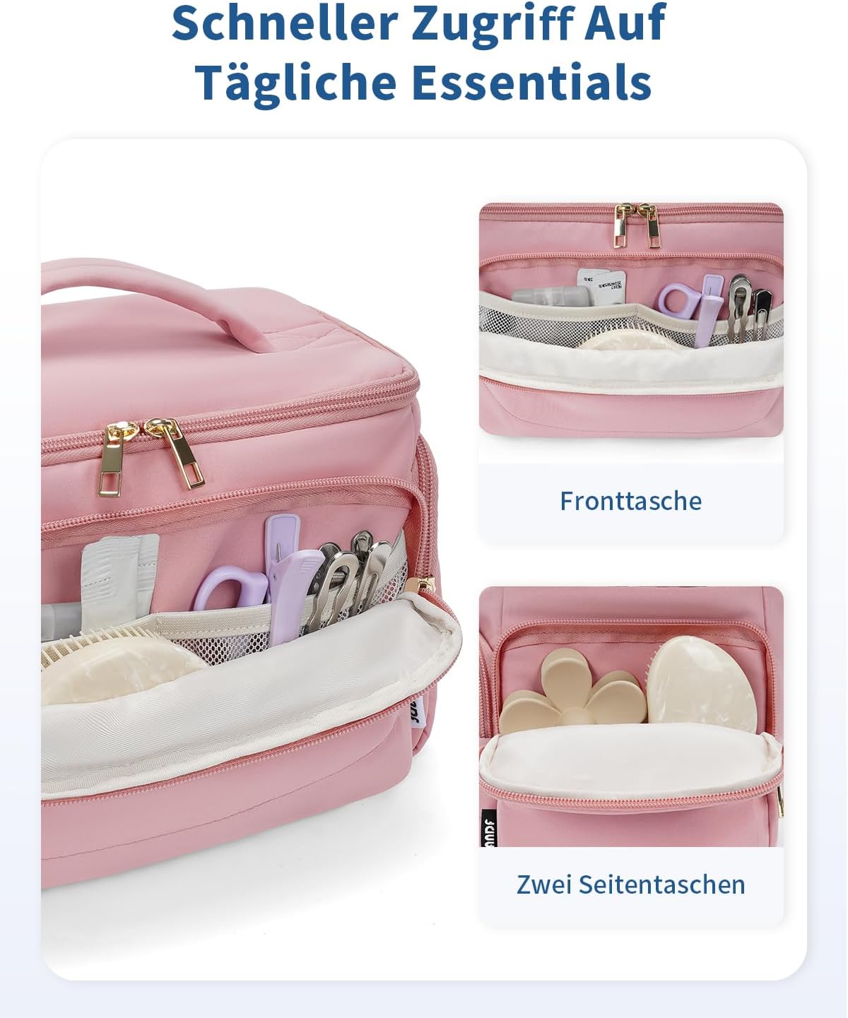 Detalle de WANDF Reise-Kulturbeutel für Damen – weit geöffnete Kosmetiktasche mit Griff, Rosa (29 x 16,5 x 19 cm)