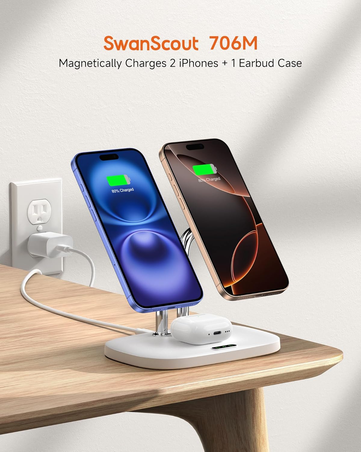 Thumbnail 1 de SwanScout Dual Magnetic Charger 706M (White): 3-in-1 Magnetic Wireless Charger for iPhone 12–17 and AirPods Pro