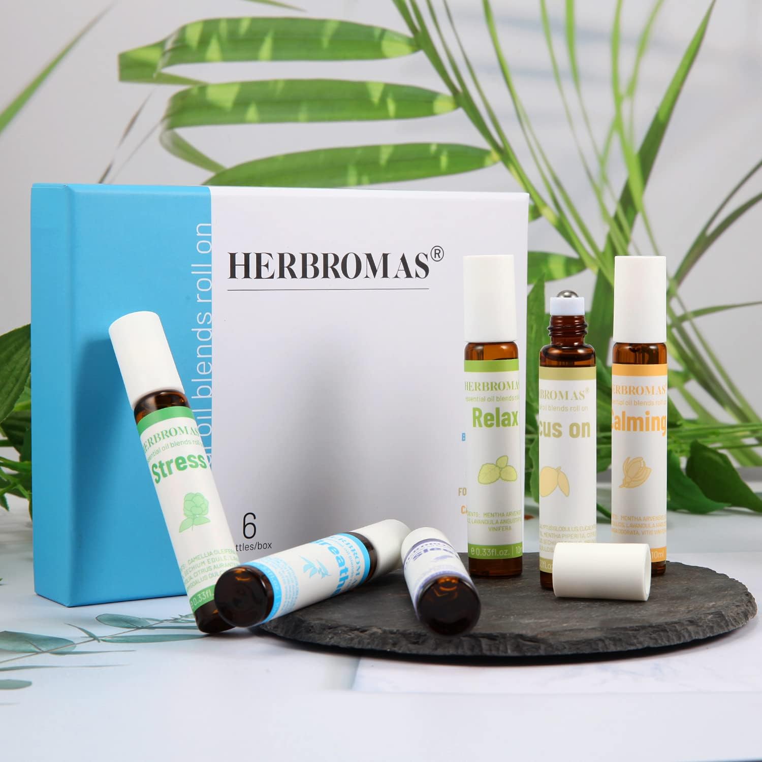 Detalle de Set di roll-on HERBROMAS con oli essenziali aromaterapia – 6x10 ml in confezione regalo