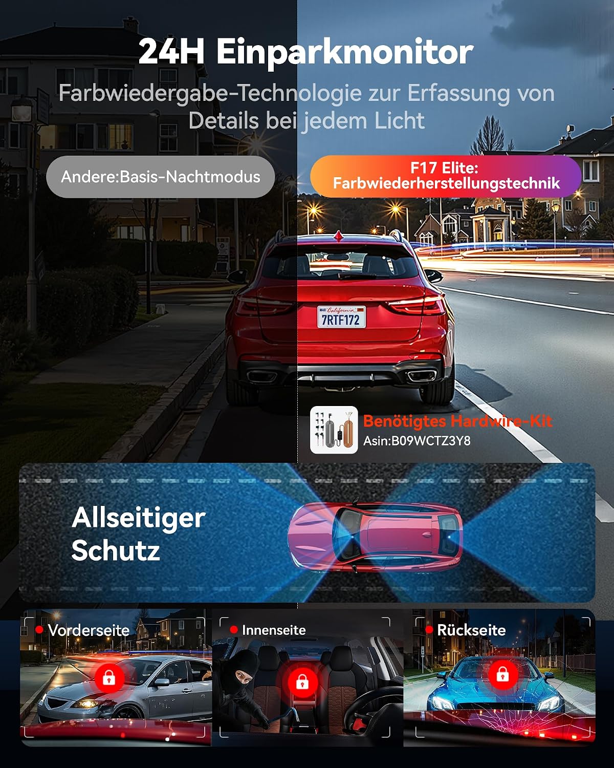 Detalle 2 de REDTIGER F17 Elite 4K Dreikanal-Dashcam mit 128GB Speicher