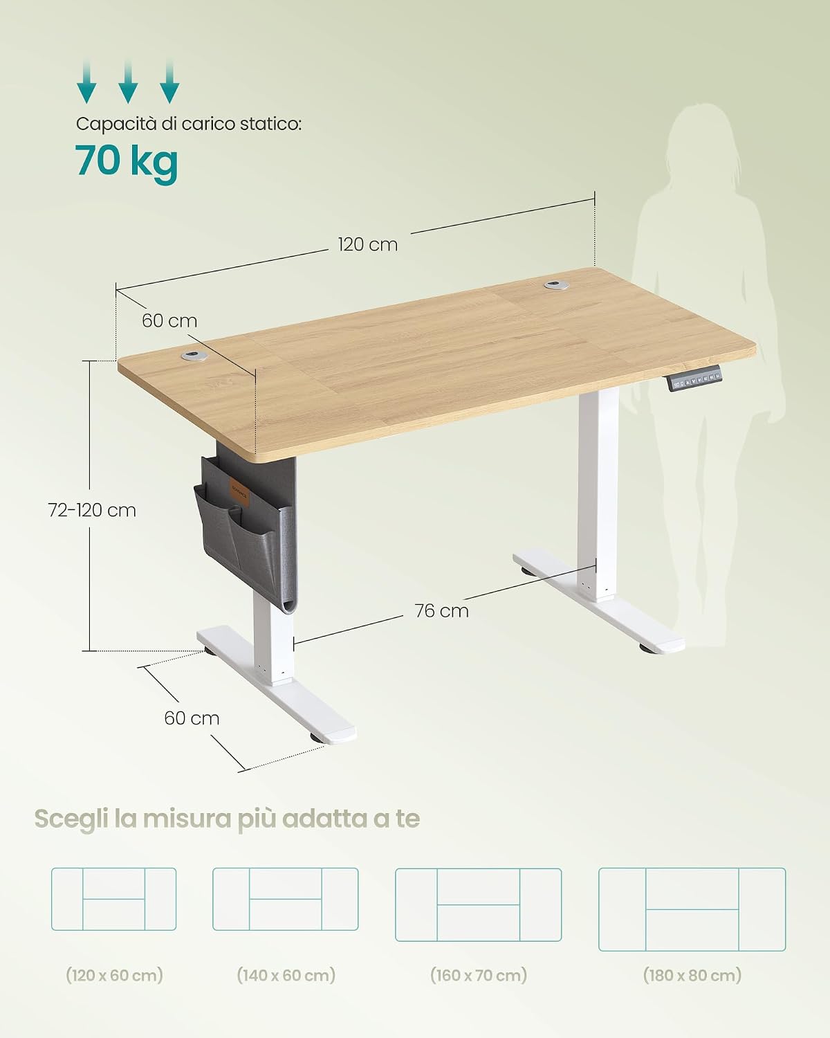 Detalle de SONGMICS Scrivania Regolabile in Altezza Elettrica 120 x 60 cm LSD132YA01: postazione sana con memoria 4 altezze e ricarica USB-C