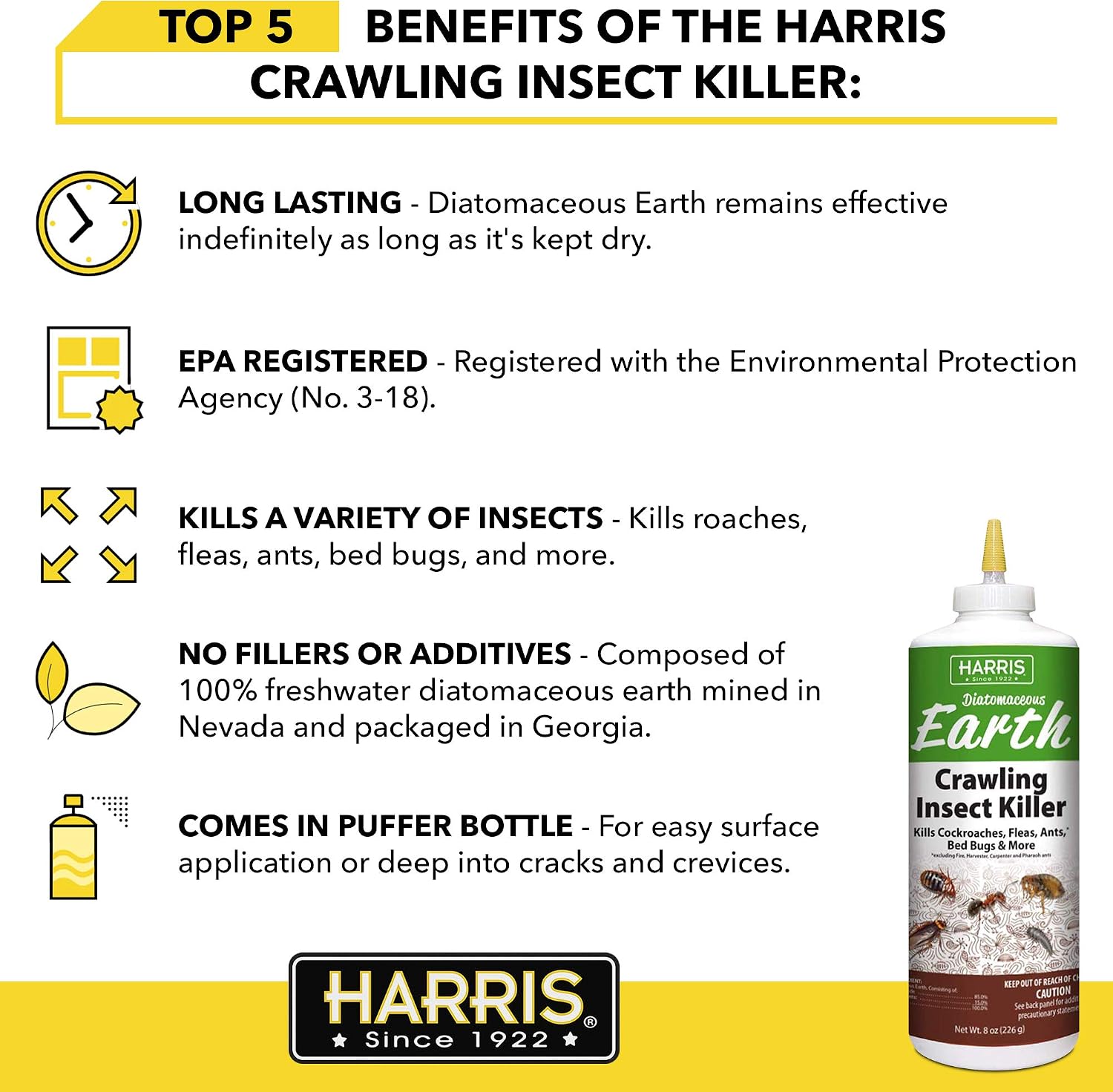 Detalle de Harris 8 oz Diatomaceous Earth Crawling Insect Killer, Indoor & Outdoor Powder