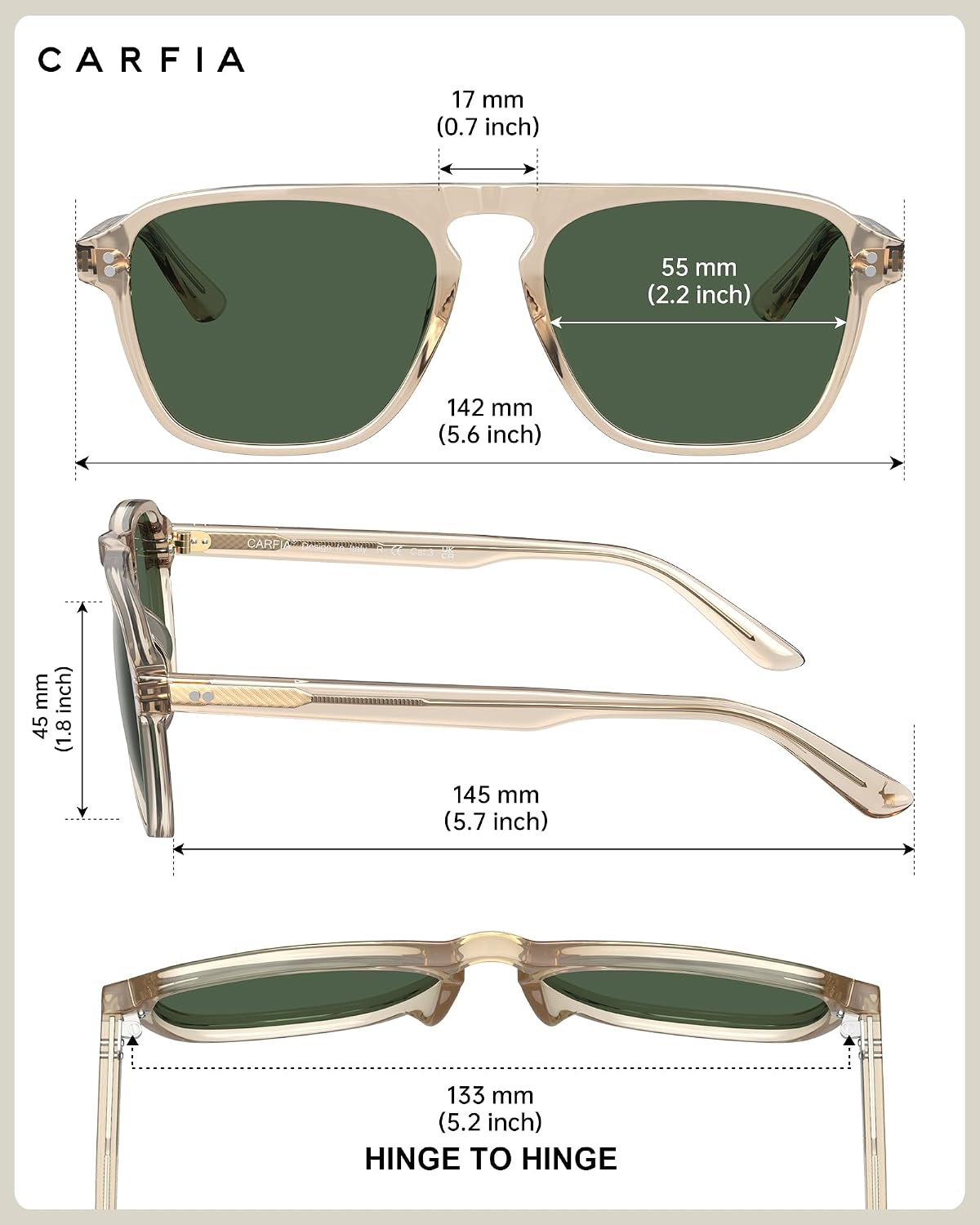 Detalle de CARFIA CA5355 polariserade acetatsolglasögon för män med pilotdesign