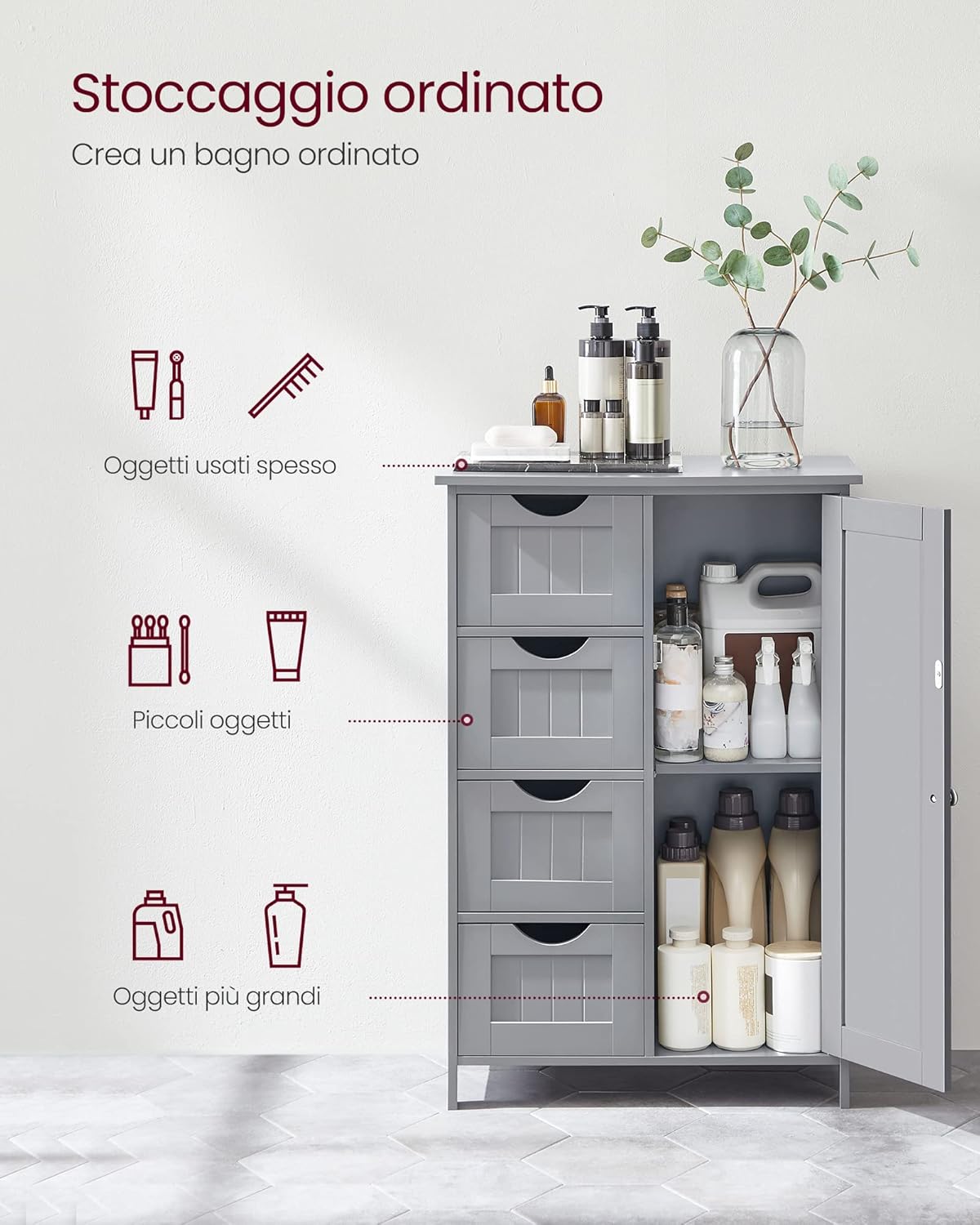 Thumbnail 4 de VASAGLE Mobile da Bagno LHC041P36: mobiletto stretto con 4 cassetti in Grigio Tortora
