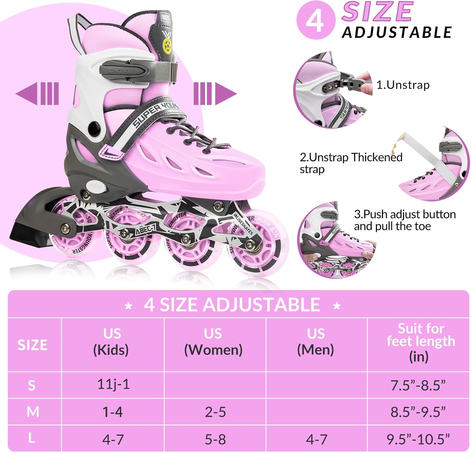 Thumbnail 2 de SUPER YOUNGSTER Adjustable Inline Skates Ages 4-12, Light-Up Wheels 🛼