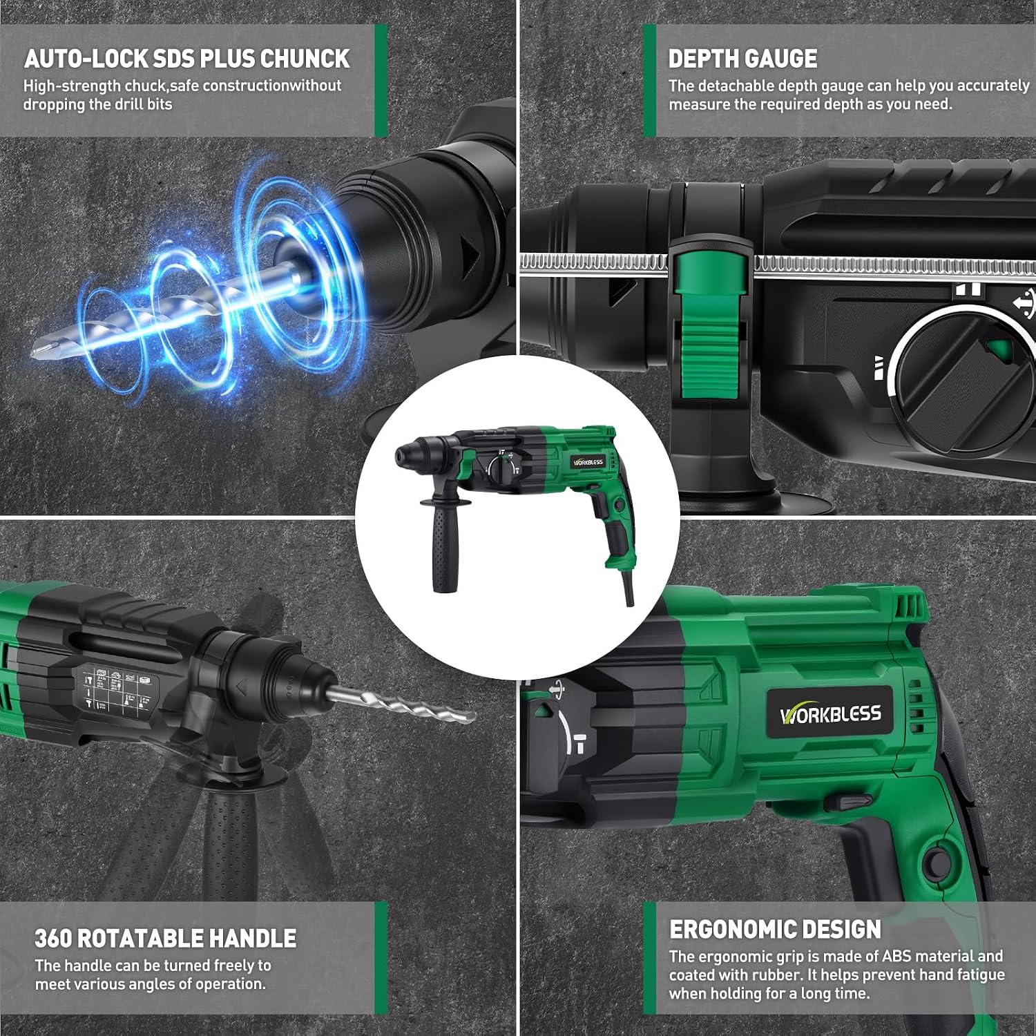 Detalle 2 de WorkBless sds hammer drill, 1-Inch SDS-Plus Rotary Hammer, 8A, 3.0J