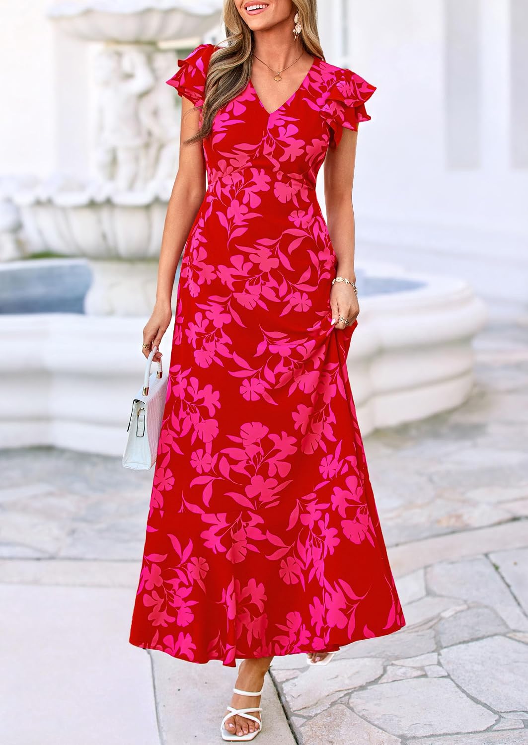 Detalle de PRETTYGARDEN Floral Maxi Dress for Women 2026 Summer Boho With Ruffles — Beach to Wedding Guest