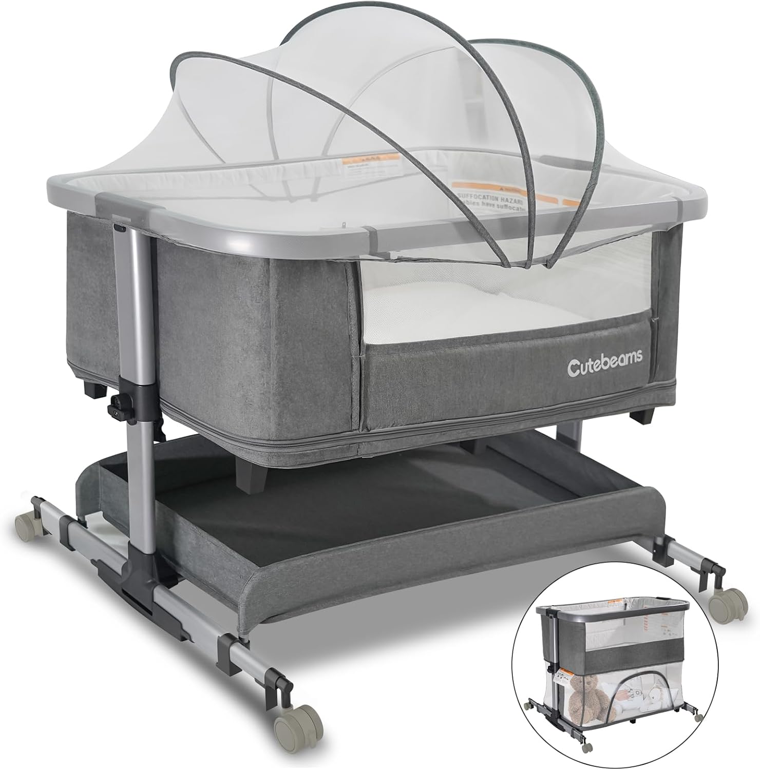 Detalle de cutebeams HB608-1 4-in-1 Baby Bassinet with Playpen, Adjustable Height and Rocking