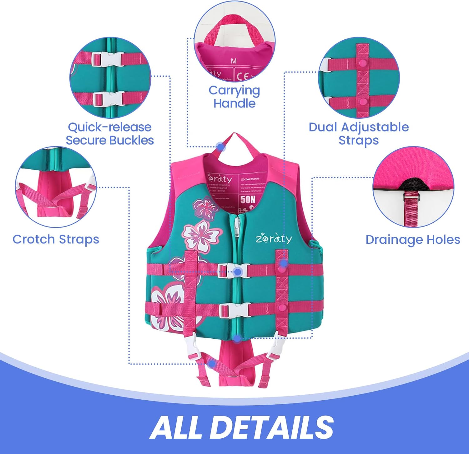 Detalle de Zeraty Toddler Neoprene Swim Vest: Safe, Adjustable Float Jacket for 20–80 Lbs