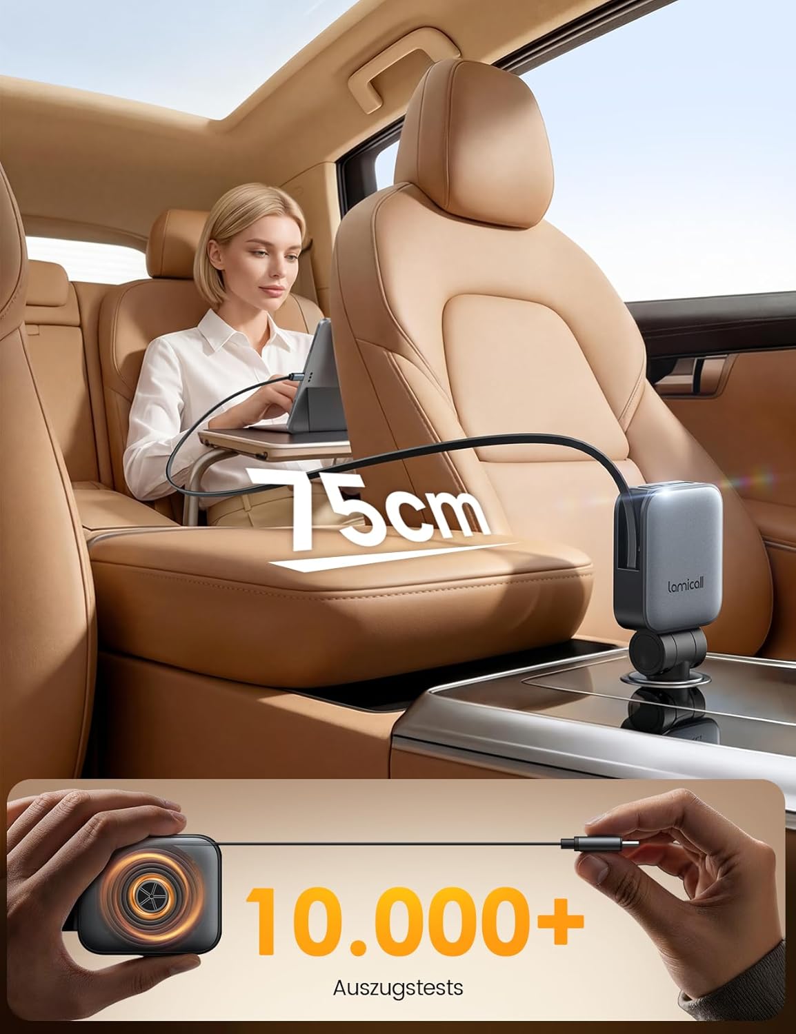 Detalle de Lamicall 3 IN 1 Zigarettenanzünder USB C Auto Ladegerät – Ultraklein, 63W, integriertes Einziehbares Kabel