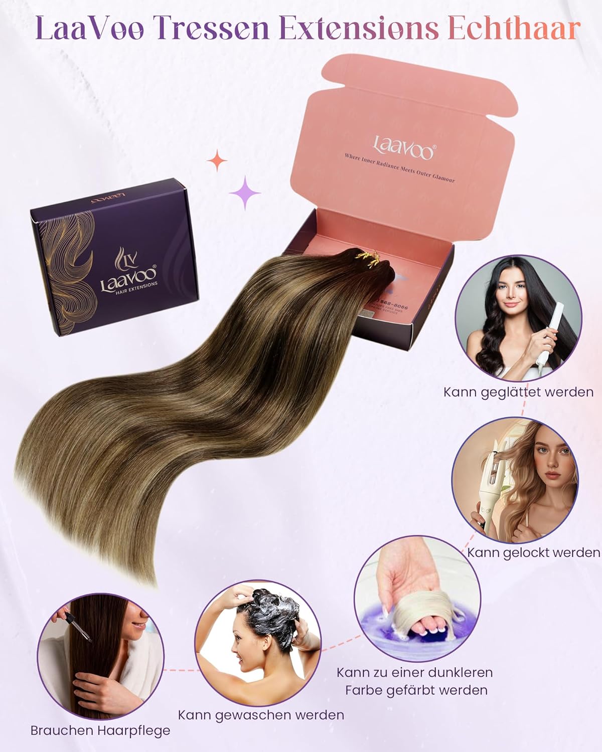 Detalle de LaaVoo Echthaar Extensions Tressen Braun Ombre – Echthaar zum Einnähen, 100 g, 55 cm, Dunkelbraun Balayage Caramel Blond