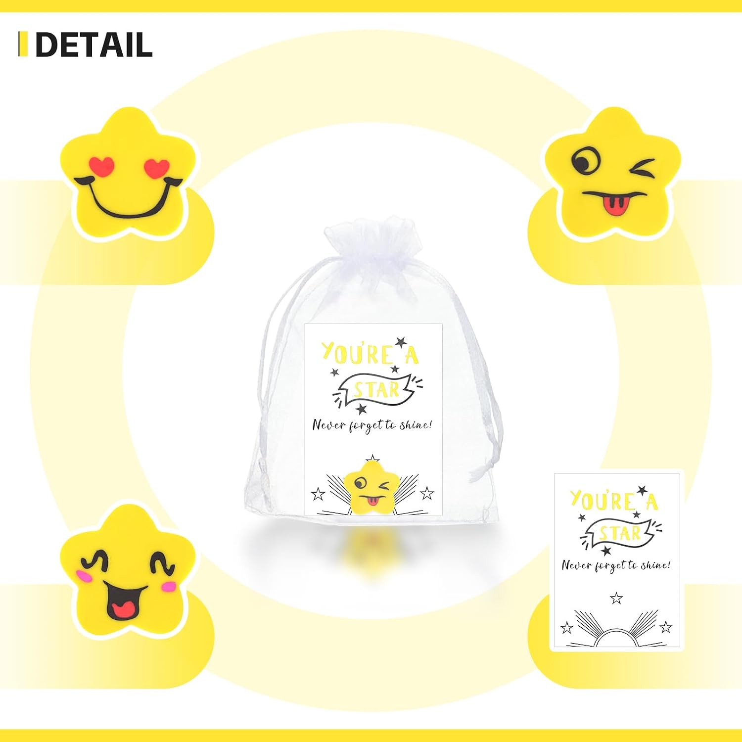 Detalle 2 de 30 Set Gifts for Students from Teachers: Star Eraser Pack with Greeting Cards and Organza Pouches
