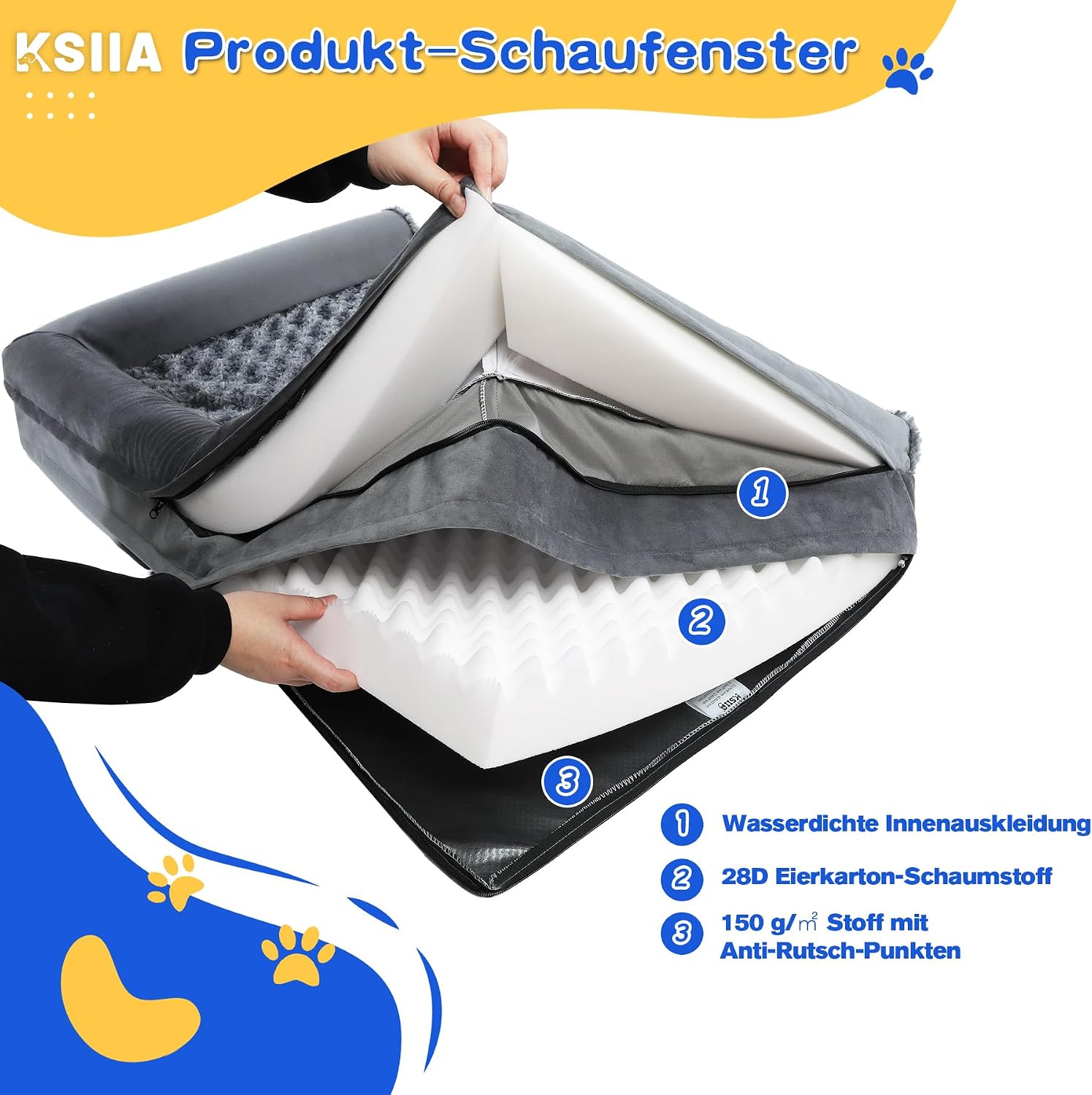 Thumbnail 3 de KSIIA Orthopädisches Hundebett Mittelgroße Hunde, 91x68x16 cm – Grau, mit drei erhöhten Rändern, abnehmbarer Bezug und rutschfeste Unterseite