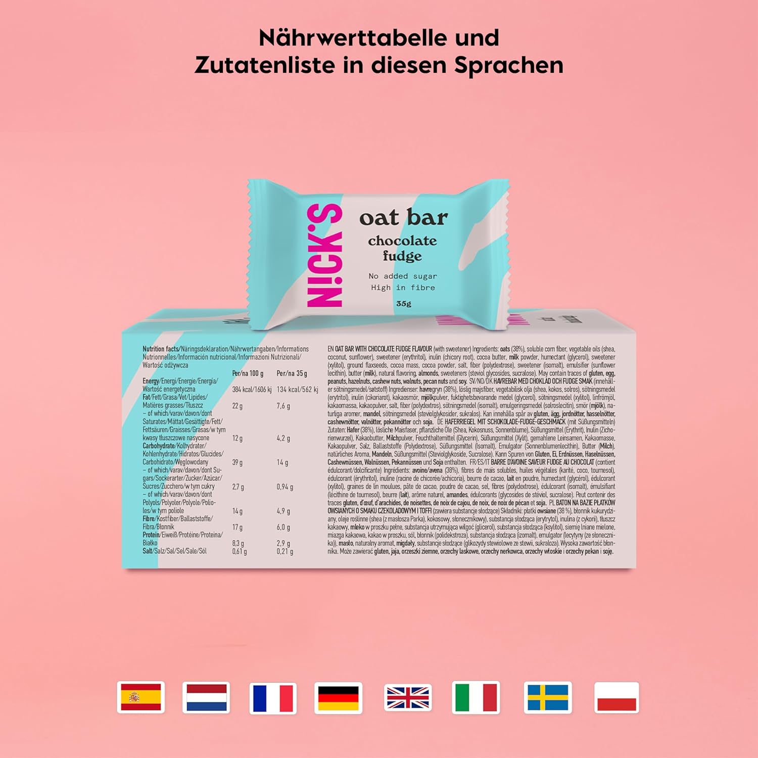 Thumbnail 6 de N!CK’S Haferriegel ohne Zuckerzusatz – Schokolade Fudge Flapjack Snack (12 Riegel à 35 g)