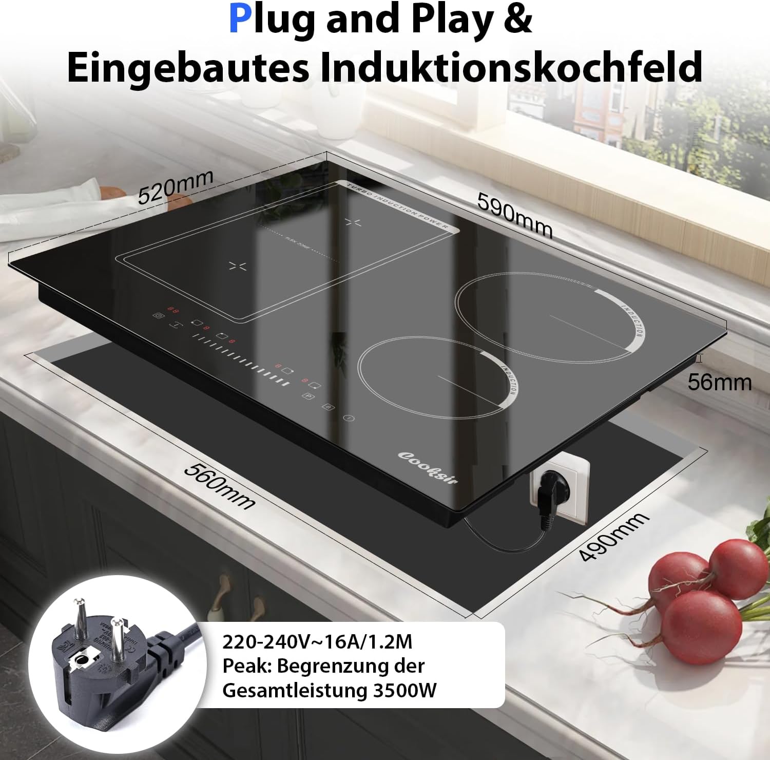 Detalle 1 de Cooksir Induktionskochfeld 59 cm, 4 Platten, Stecker, 3.500 W – Slider-Touch mit Kombizone