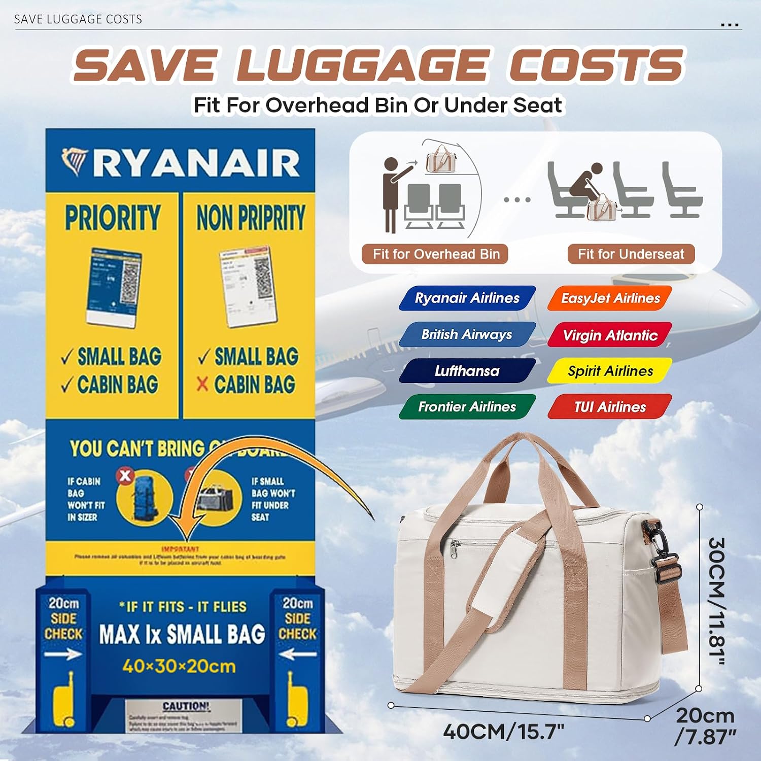 Thumbnail 2 de Ryanair underseat cabin bag 40 x 30 x 20 cm with wet pocket, shoe compartment and expansion