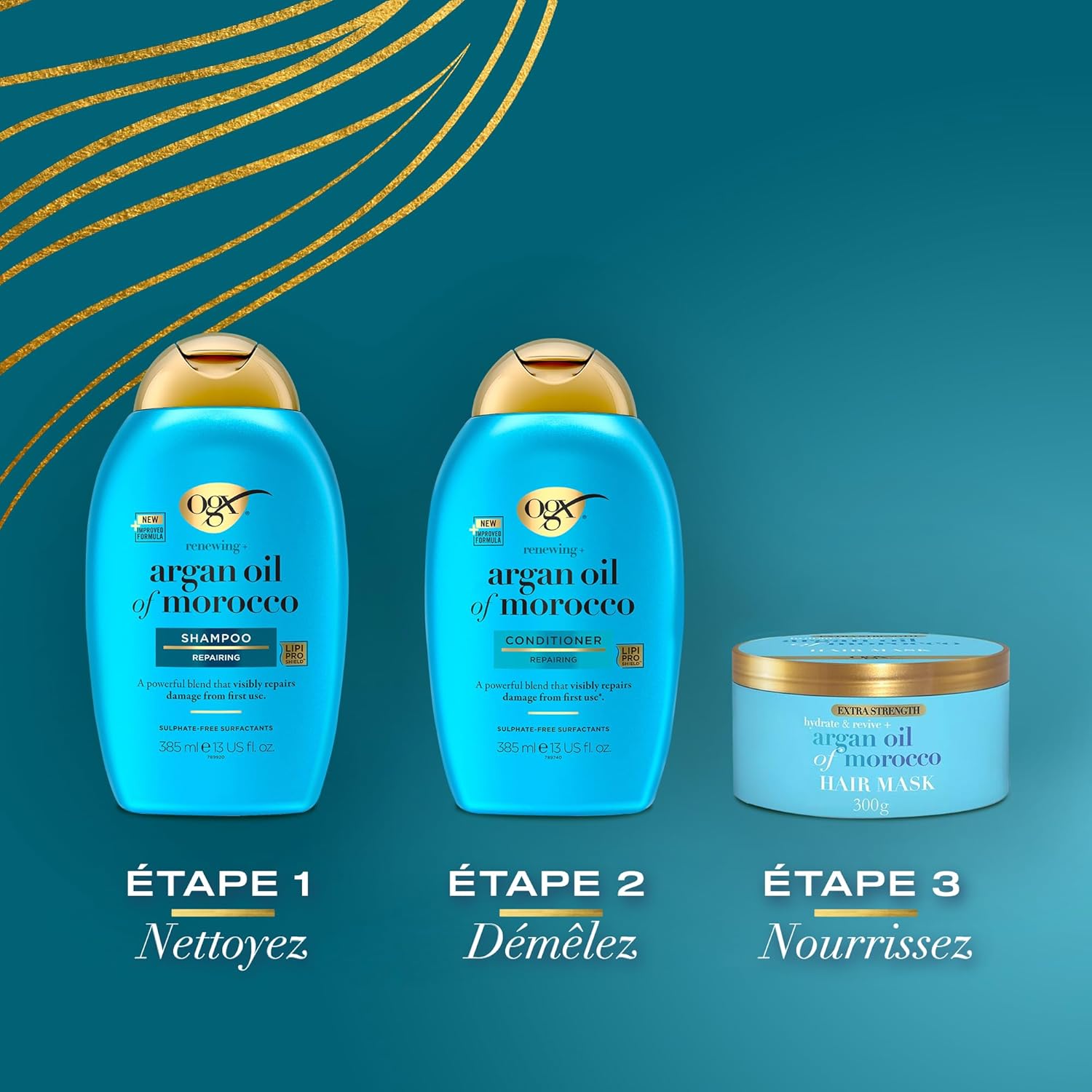 Detalle de OGX Coffret Soin Cheveux Huile d'Argan du Maroc – Shampooing, Après-Shampoing et Masque pour cheveux secs et abîmés