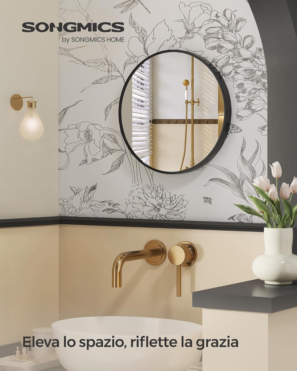 Detalle 2 de SPECCHIO DA PARETE ROTONDO BERIT LWM104B01 di SONGMICS – cornice in alluminio nera, 41 x 41 cm