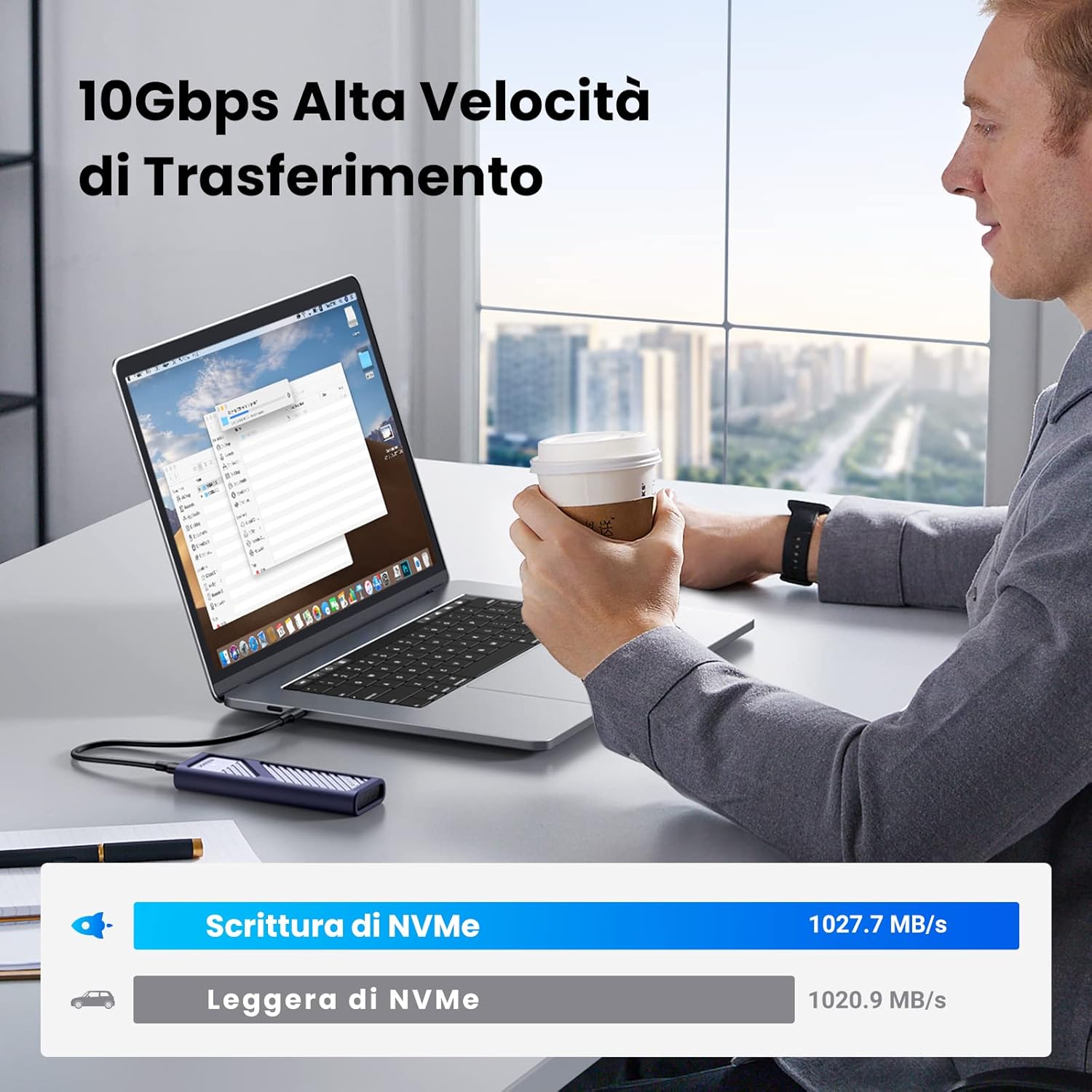 Detalle de UGREEN Case Esterno per SSD M.2 NVMe PCIe USB C 3.2 Gen 2 10Gbps: scatola esterna robusta e raffrescata